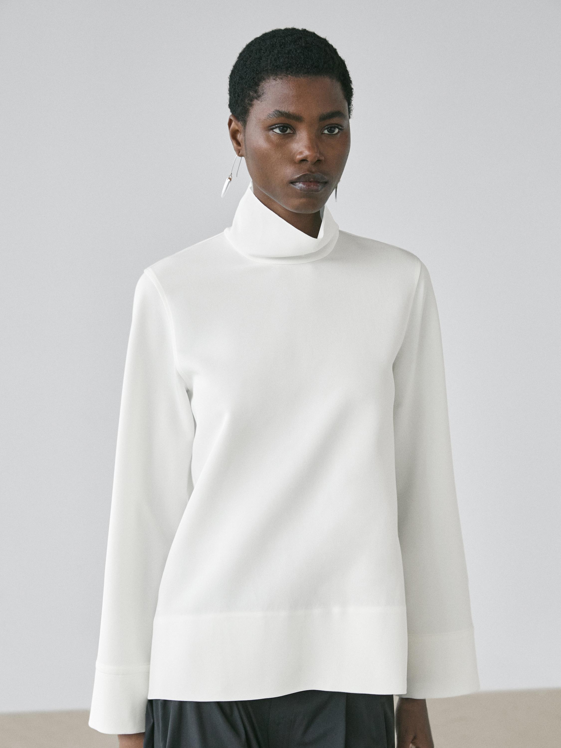 High neck blouse with hem detail — WHITE