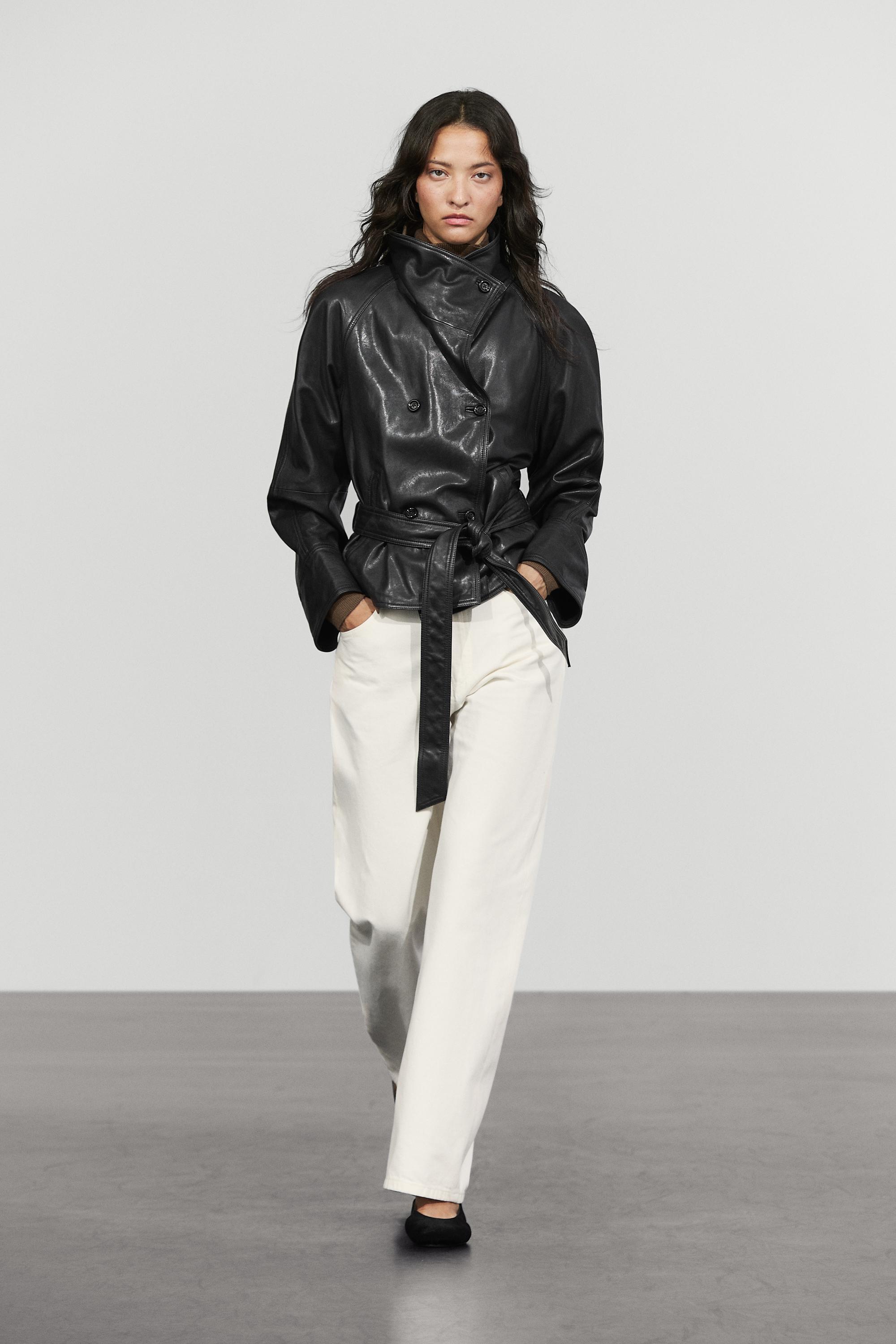 Short high neck leather trench coat