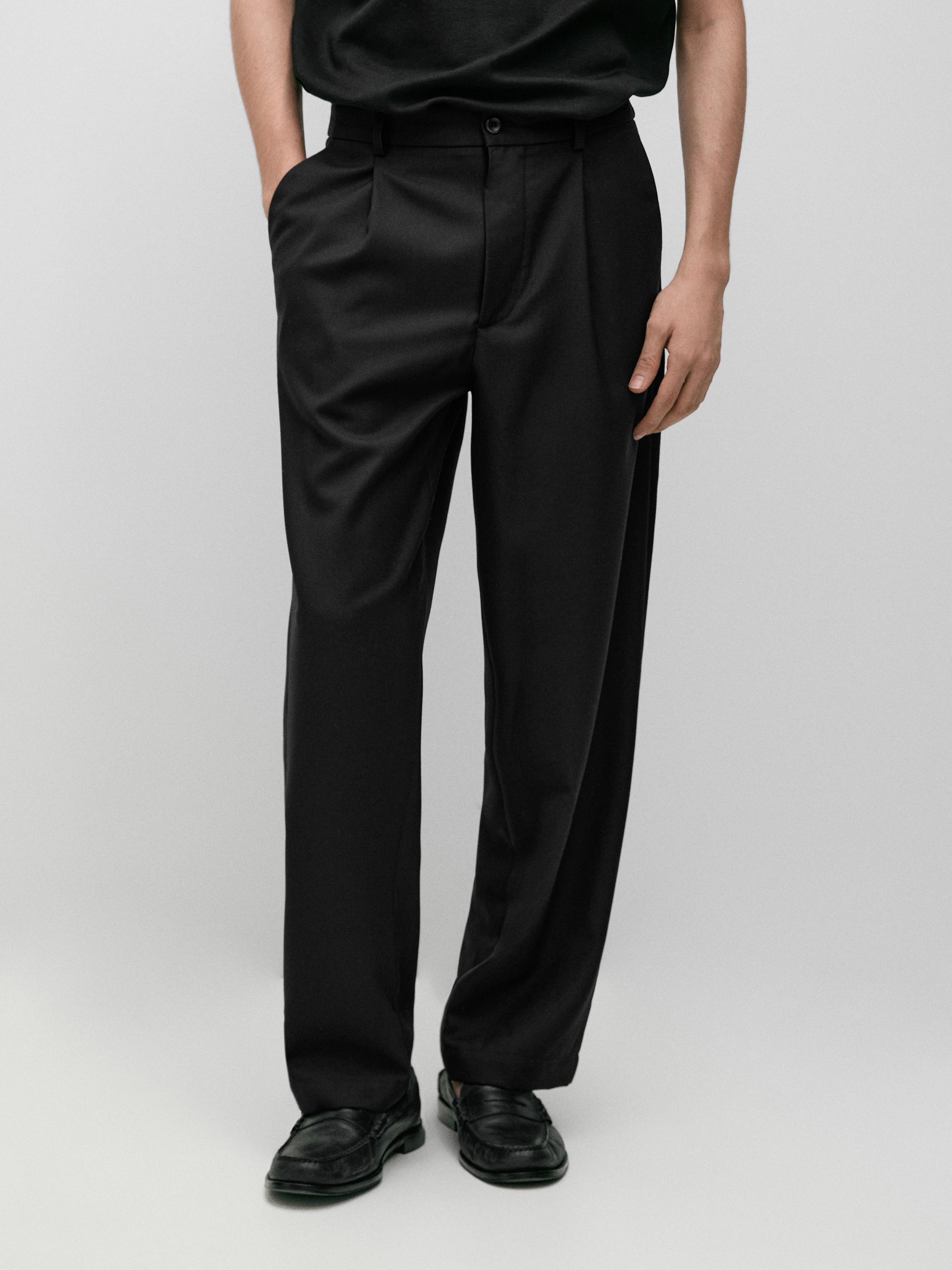 Relaxed fit darted cool wool blend trousers — BLACK