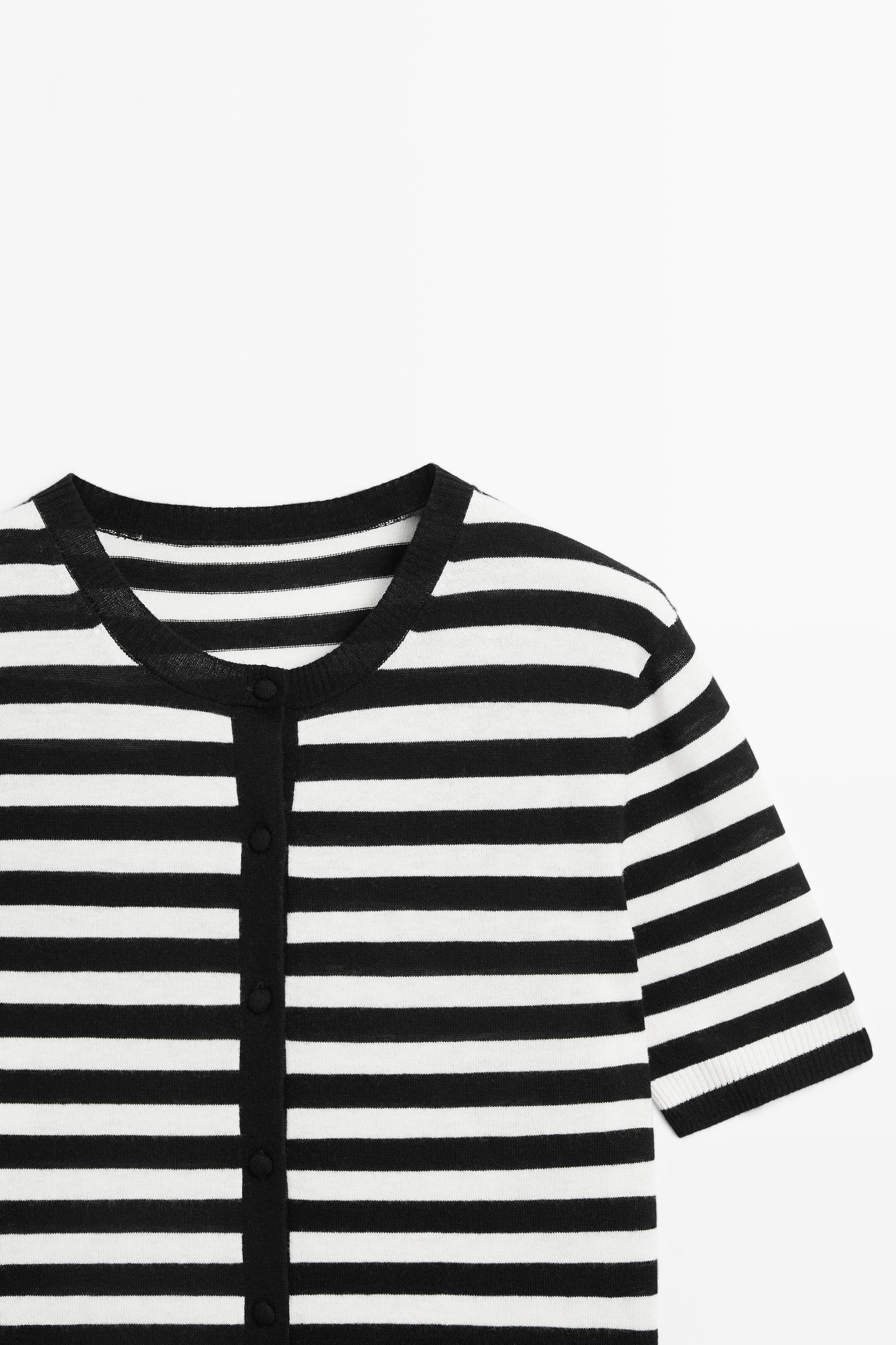 Striped short sleeve knit cardigan — BLACK