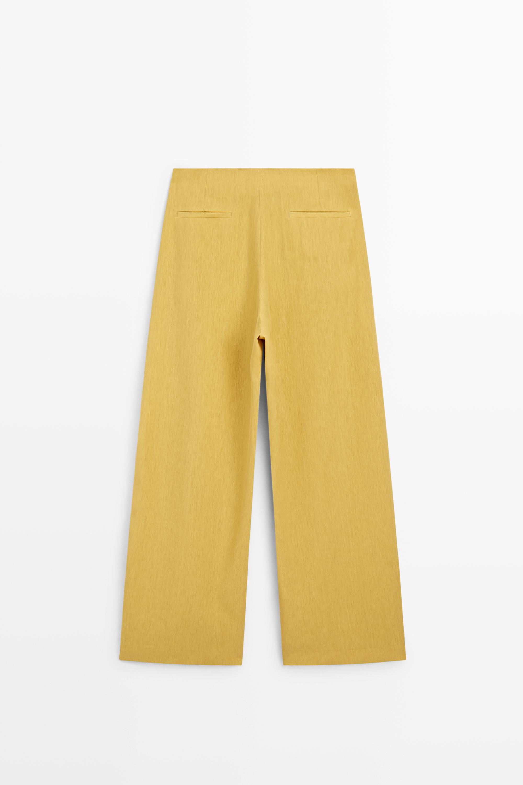 Wide-leg flowing linen blend pleated pants — MUSTARD YELLOW