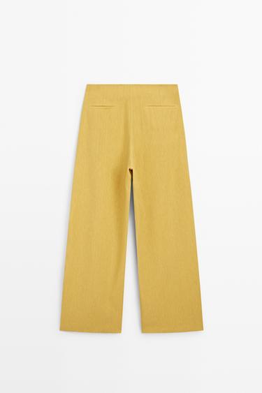 Wide-leg flowing linen blend pleated pants — MUSTARD YELLOW 6