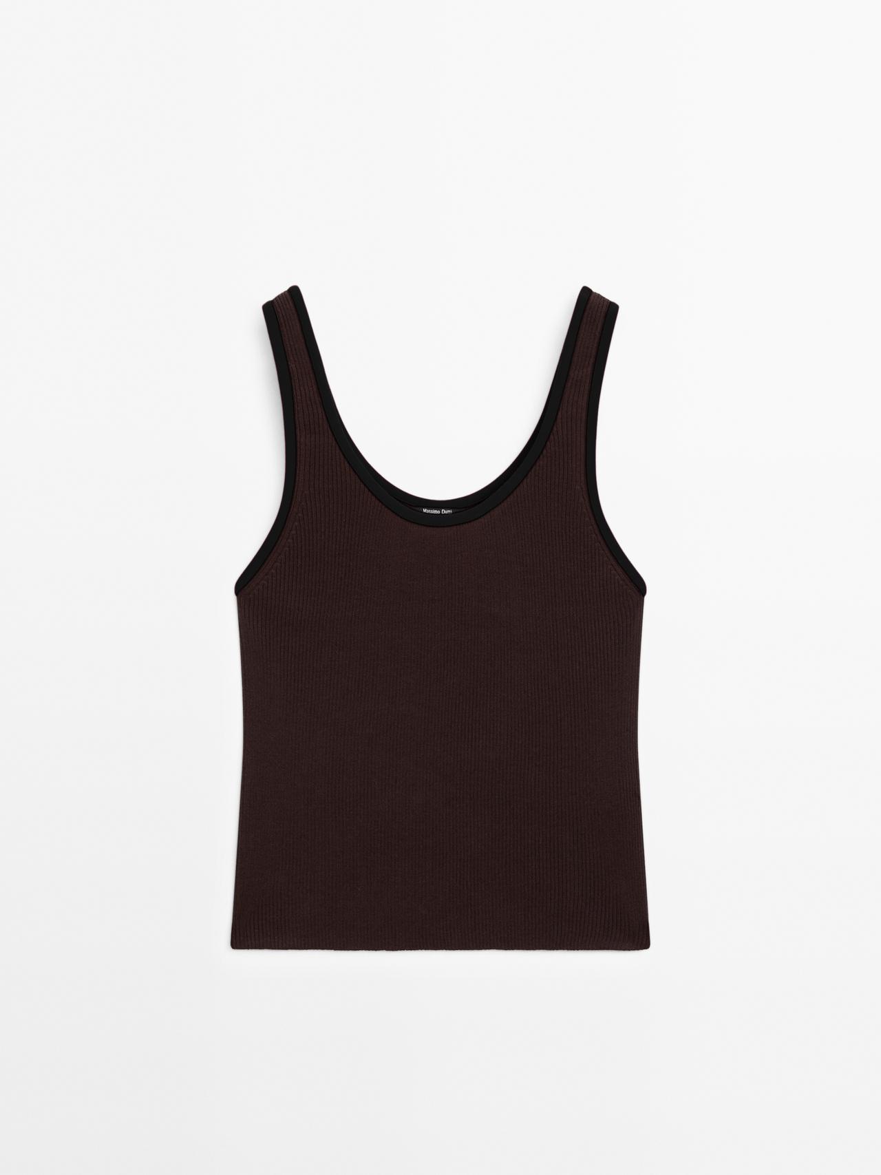 Massimo Dutti - Dame - Strikket Top Med Kontrasterende Kanter - Brun - M