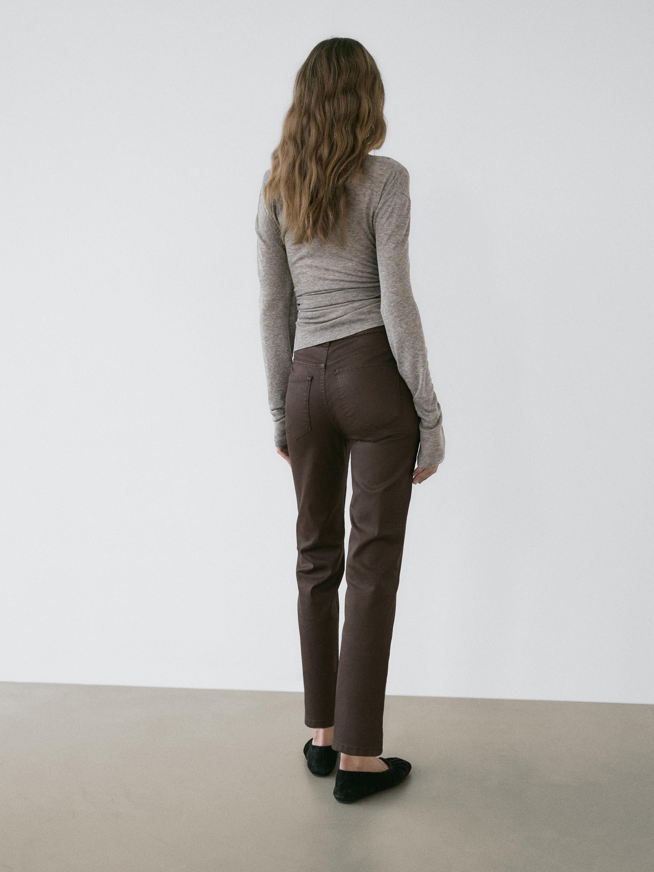 High-waist straight-leg waxed trousers — BROWN