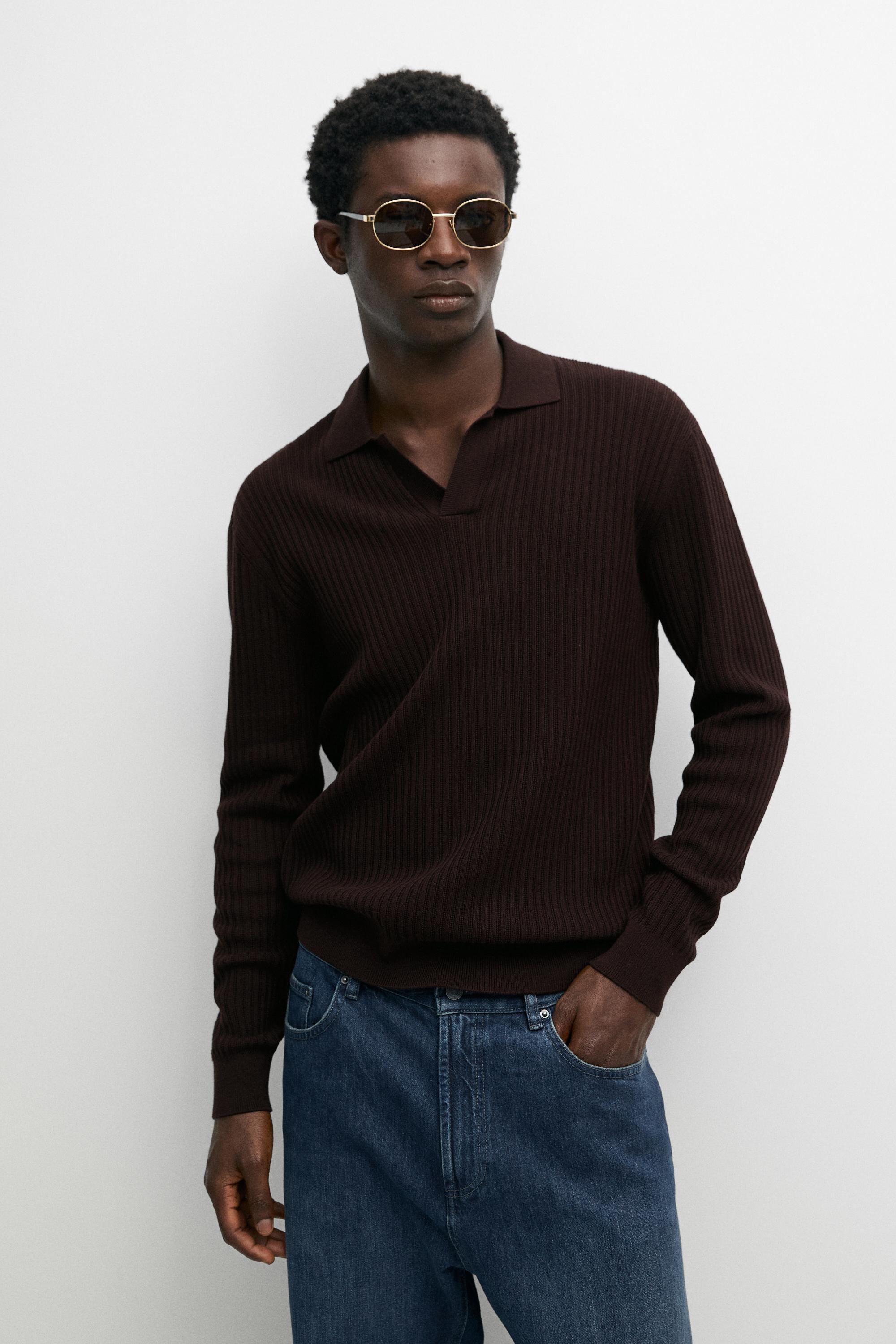 Cotton blend knit polo sweater — BURGUNDY