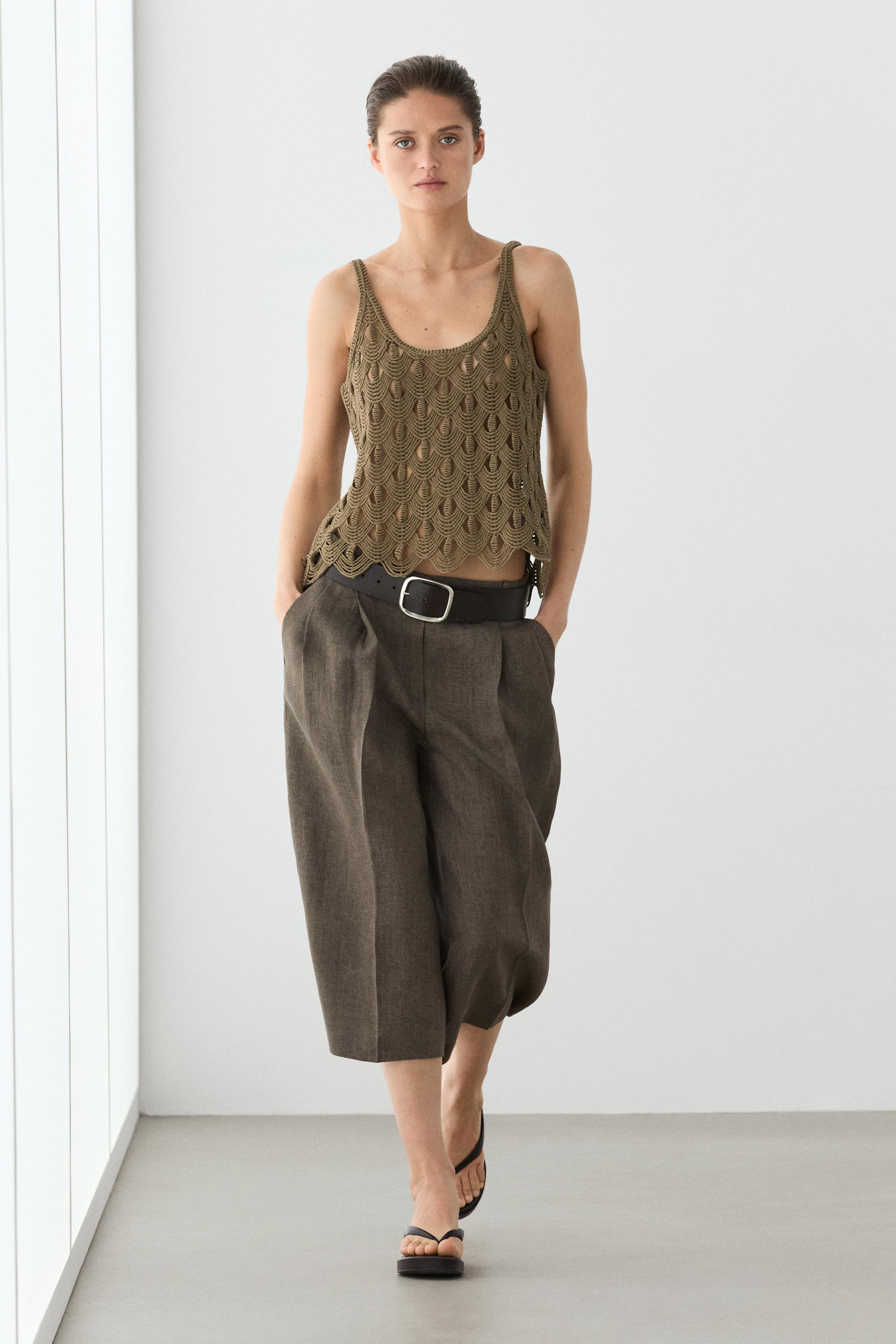 Strappy top with crochet detail — KHAKI