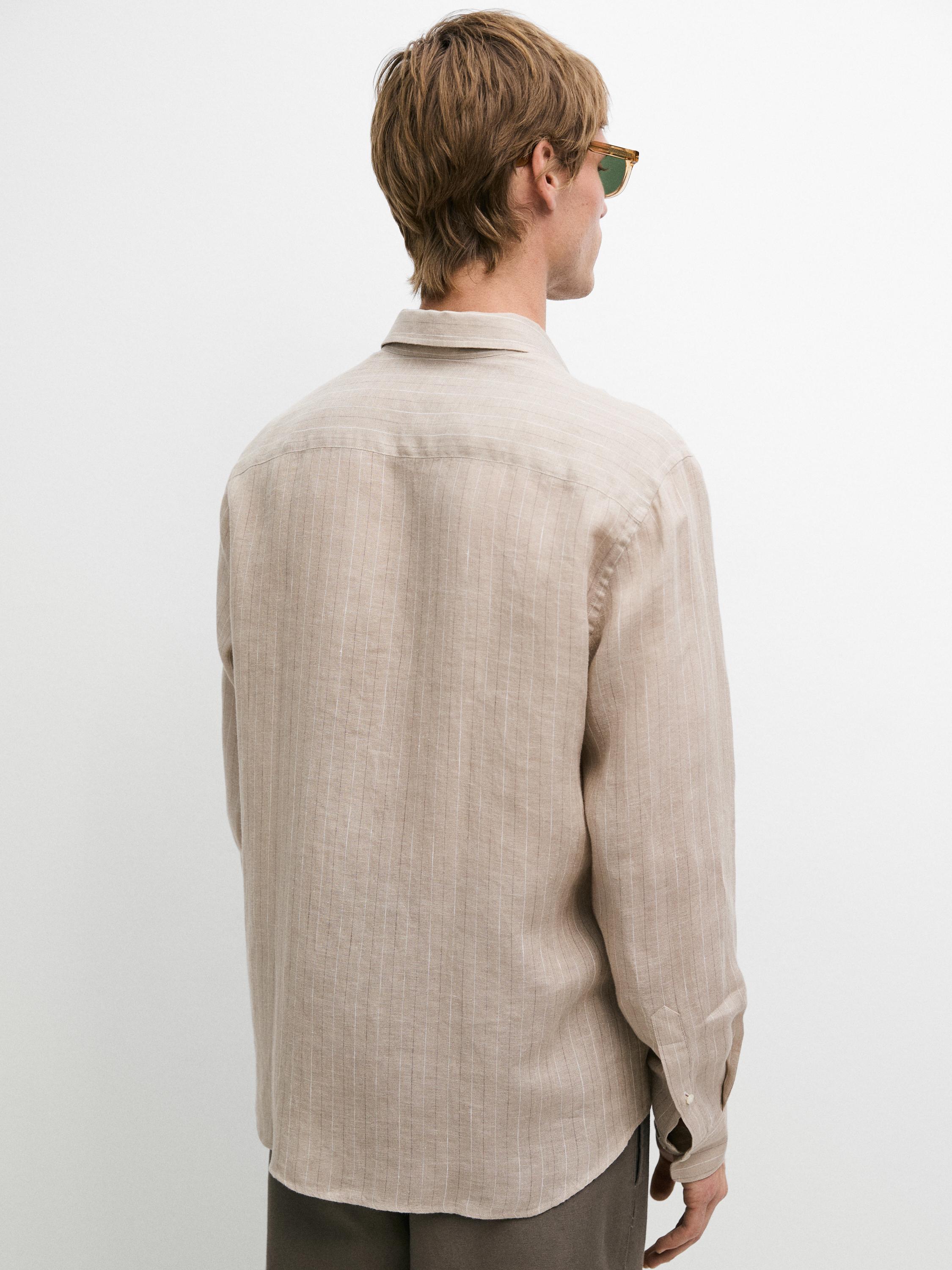 100% linen striped slim fit shirt — CAMEL