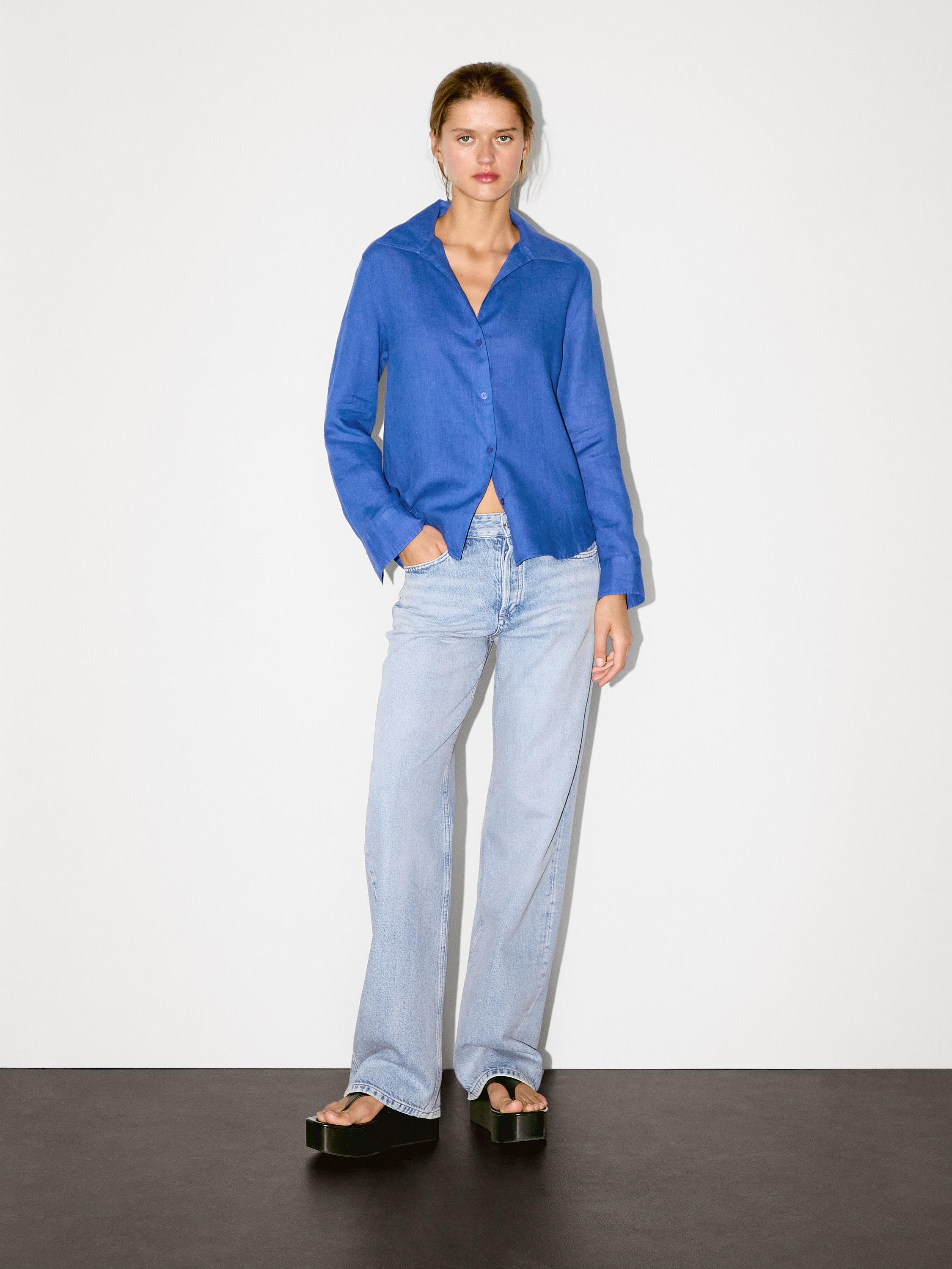 قميص كتان 100% بياقة مفتوحة