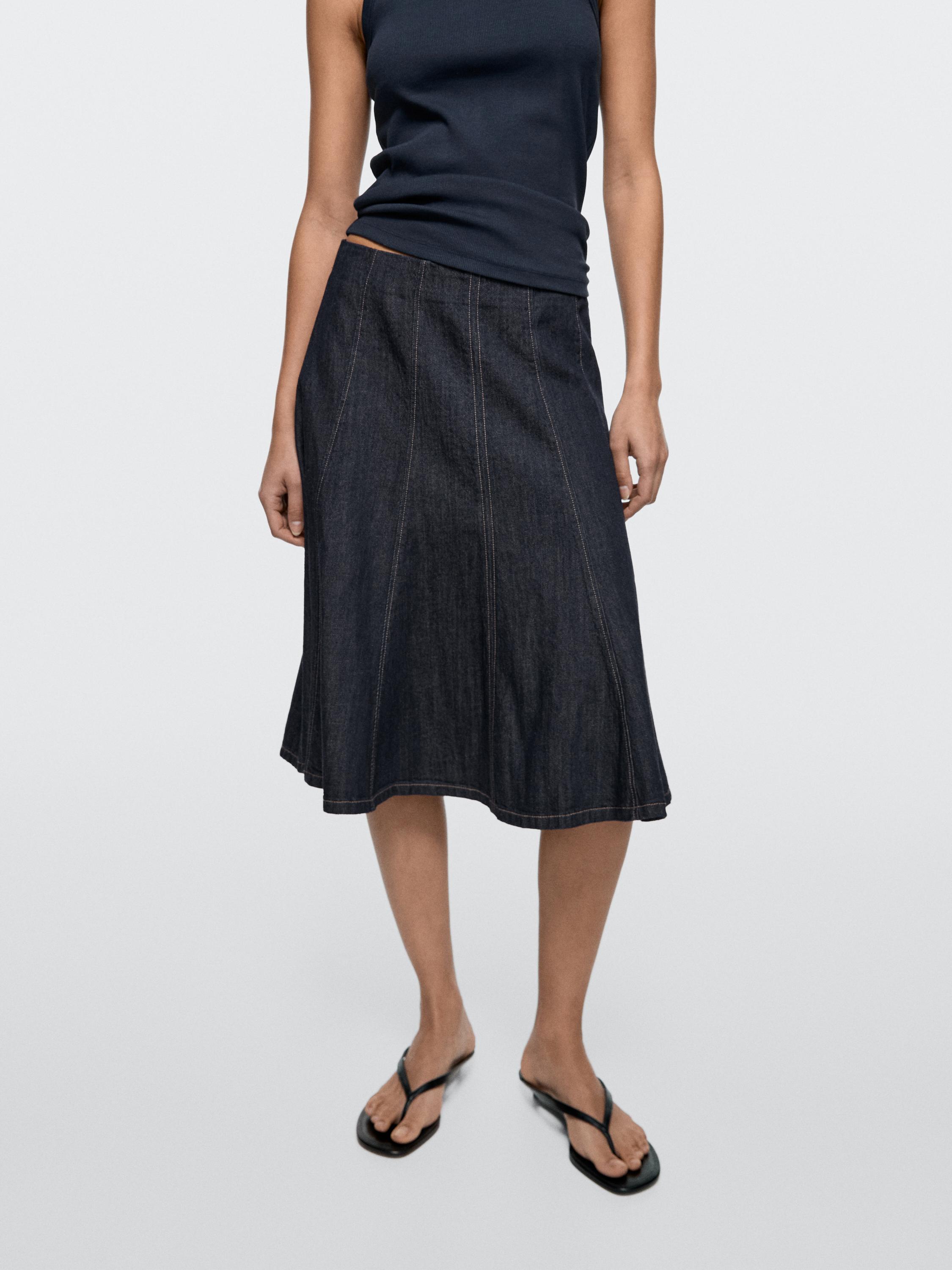 Denim godet midi skirt — DARK BLUE