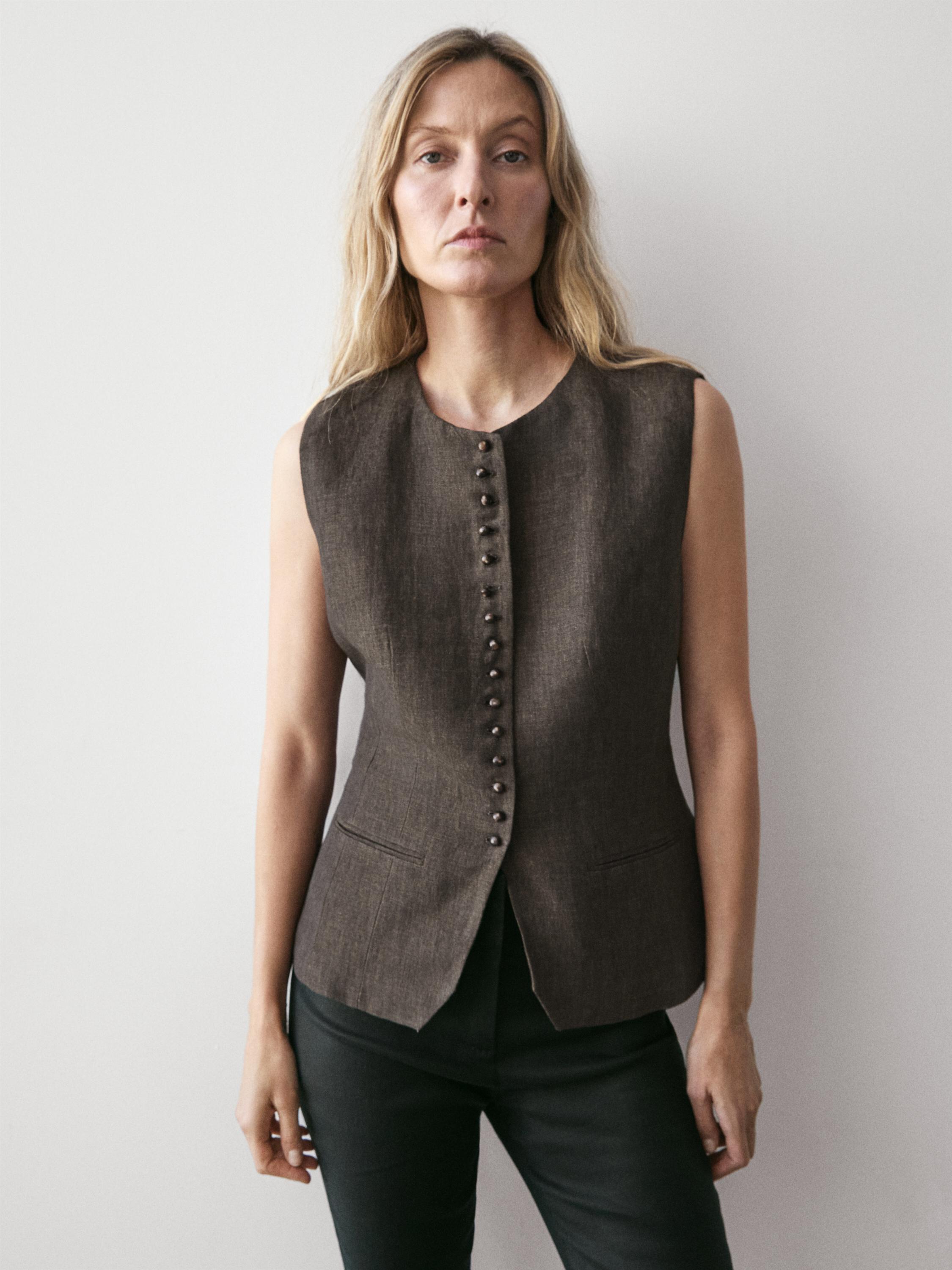 100% linen vest with button detail — Chocolate