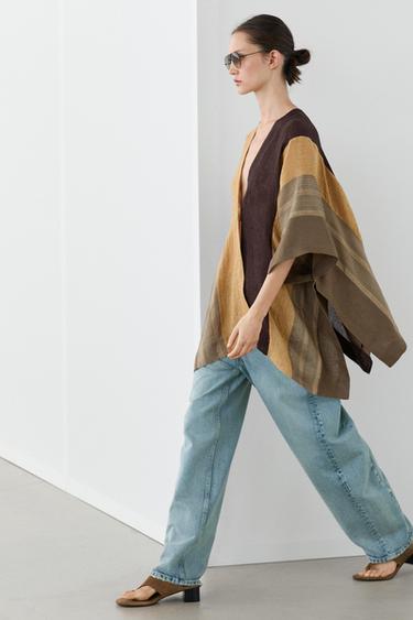 Flowing striped linen blend cape — PALE KHAKI 5