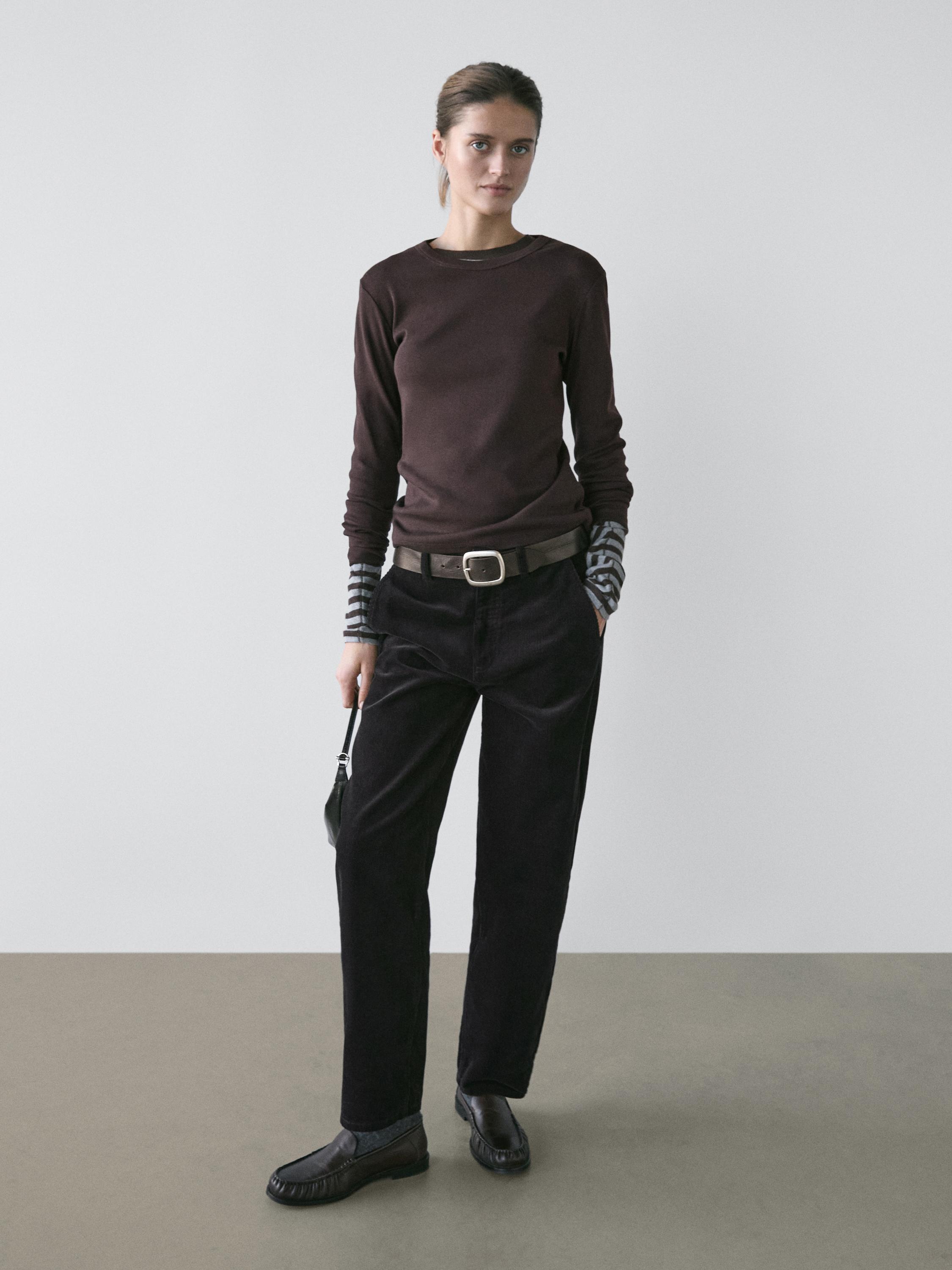 Ribbed long sleeve melange T-shirt — BROWN
