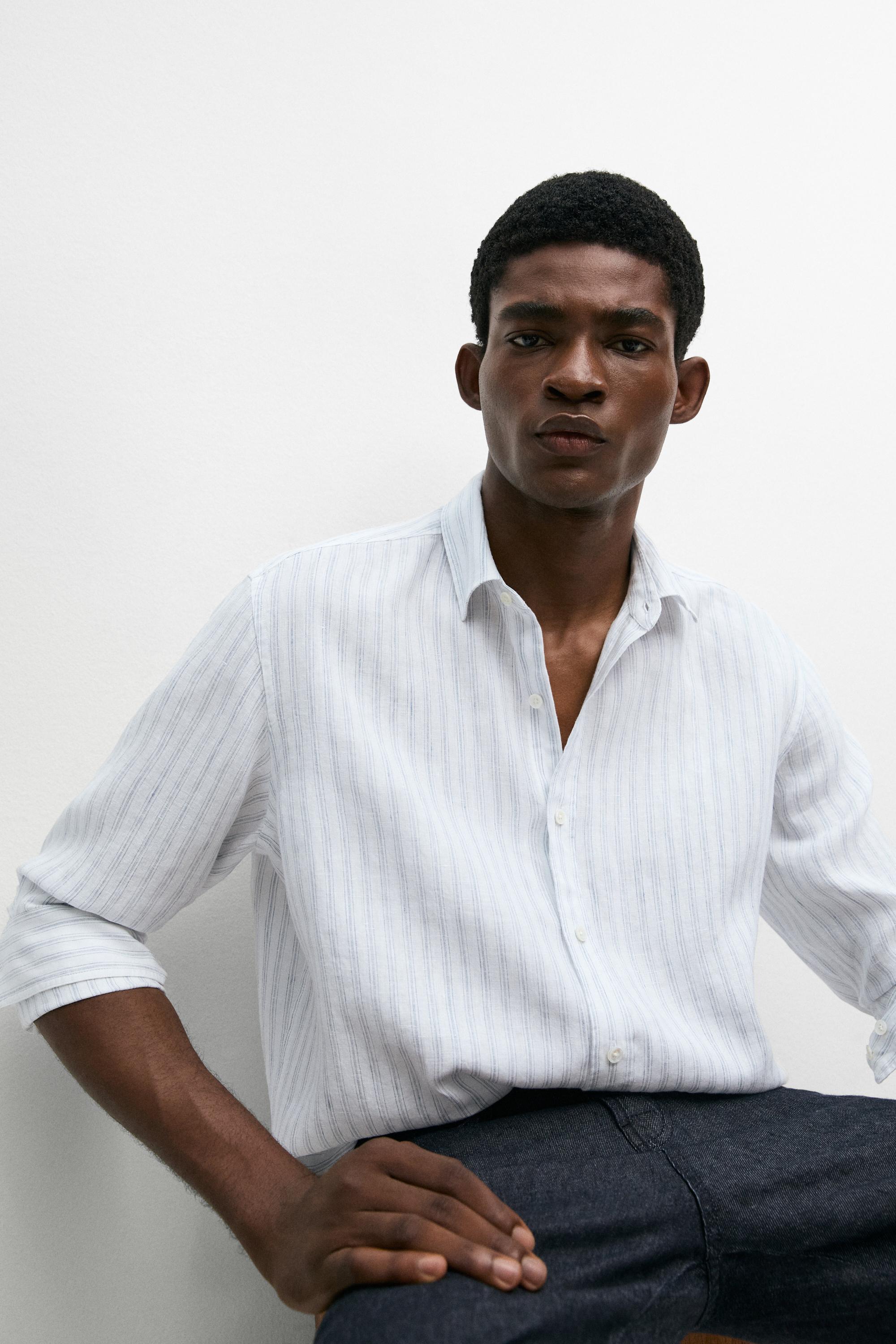 Extra-fine 100% linen striped shirt — Sky blue