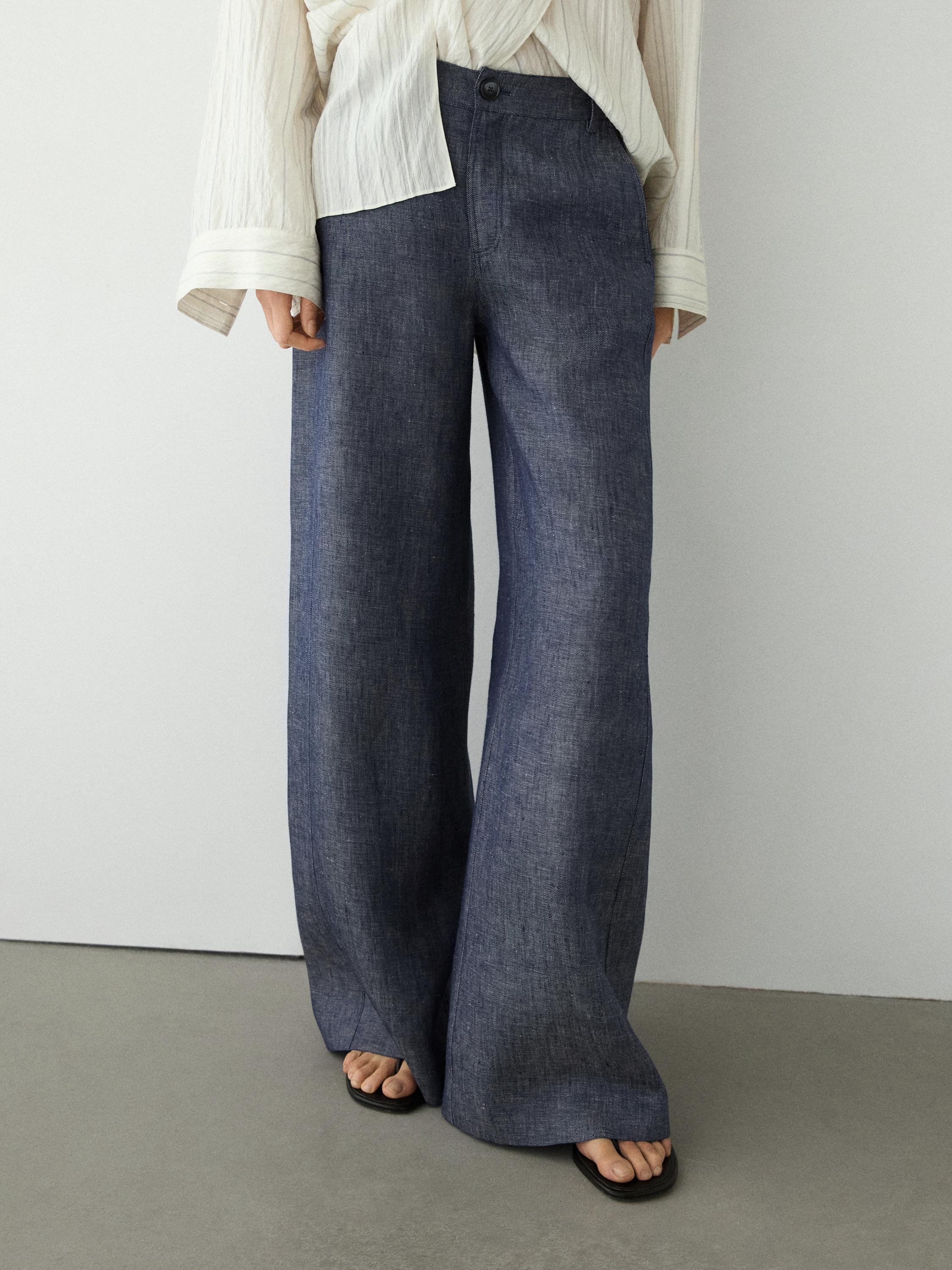 High-waist linen palazzo trousers — Dark Blue