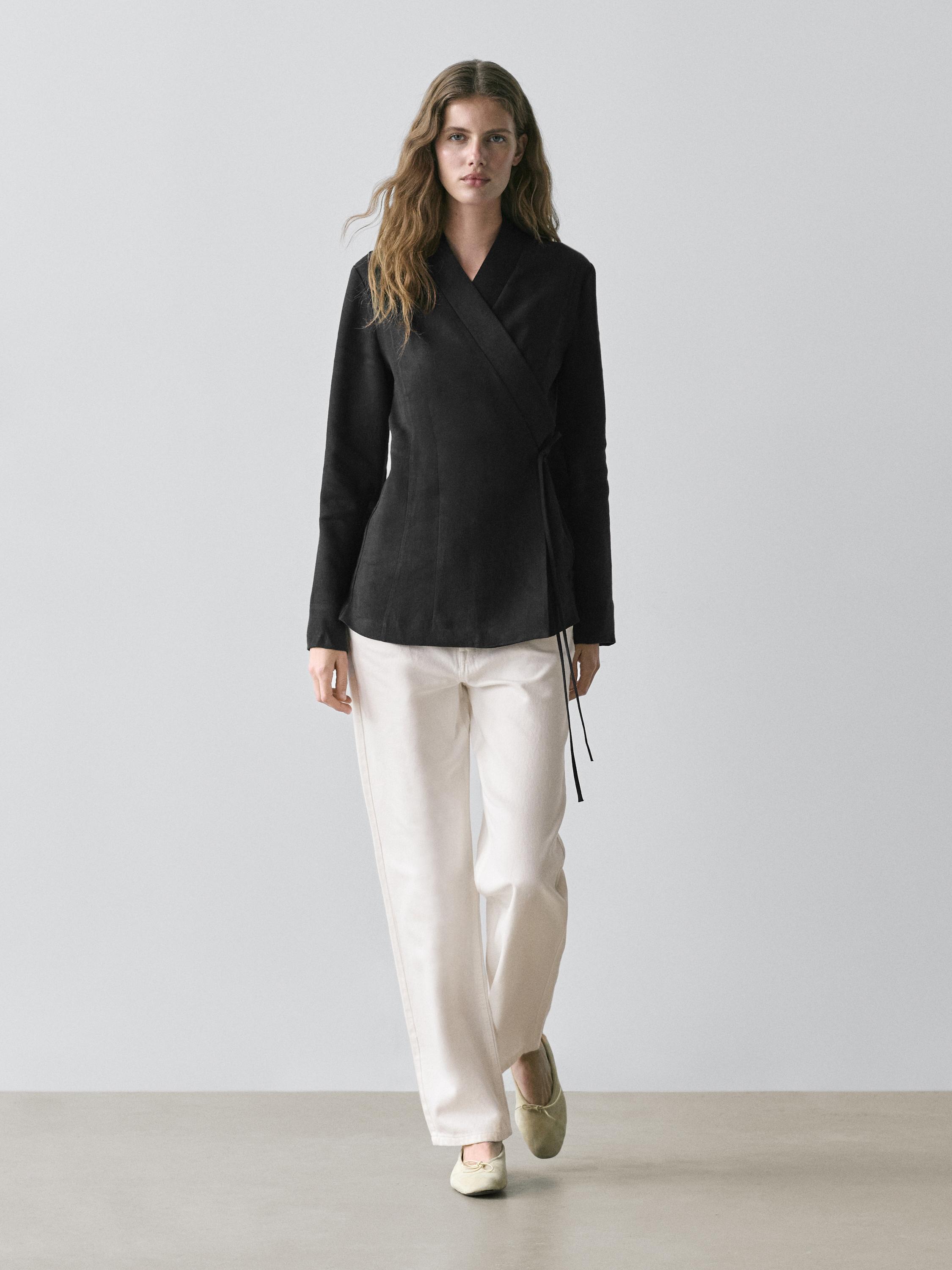 Fitted linen blend kimono