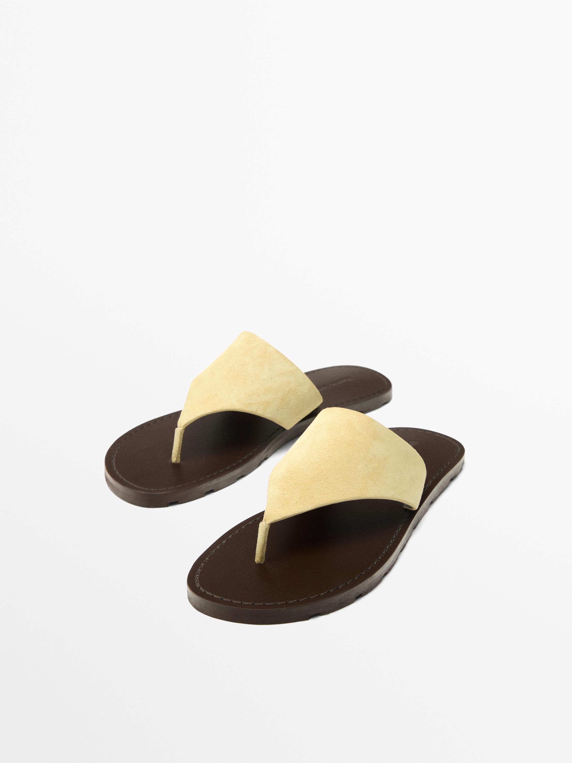Split leather toe divider sandals — BEIGE