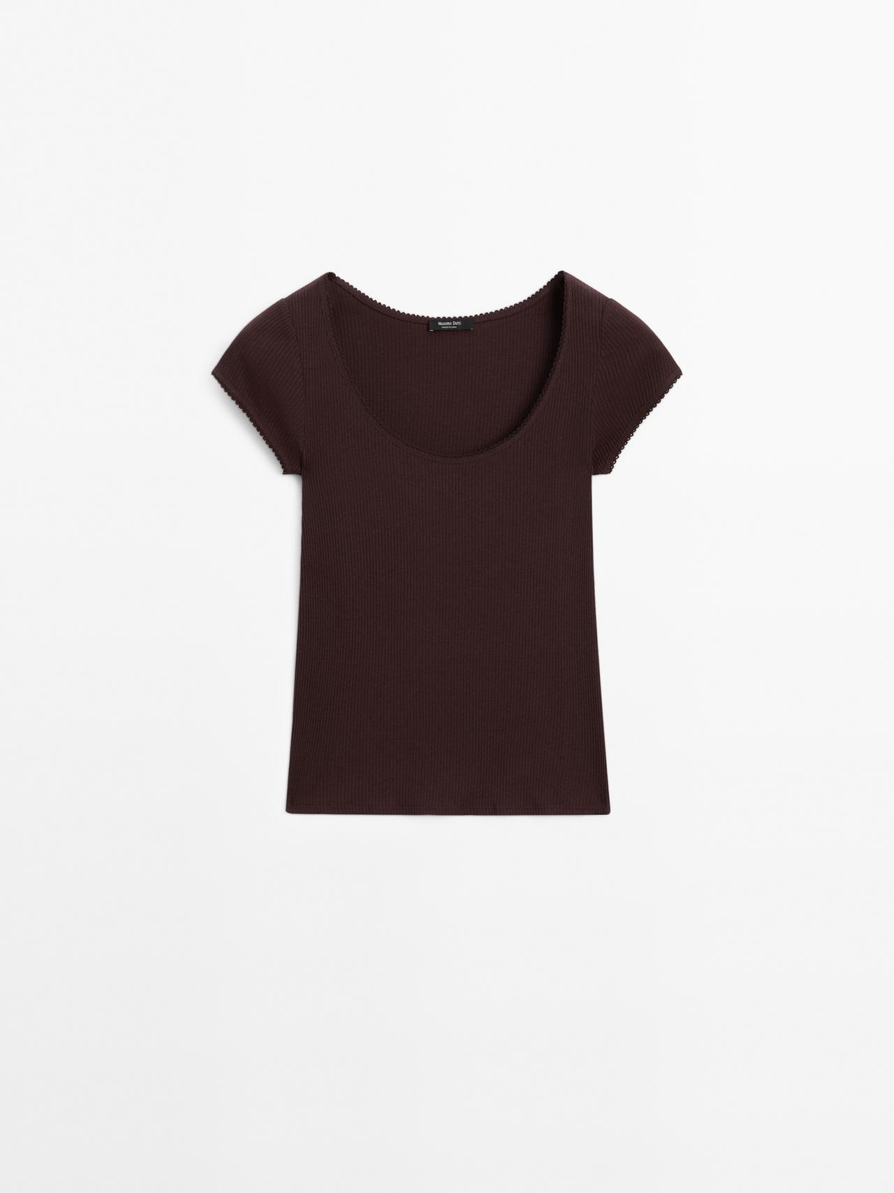 Massimo Dutti - Dame - T-Shirt I Bomuld Med Blondekant - Brun - S