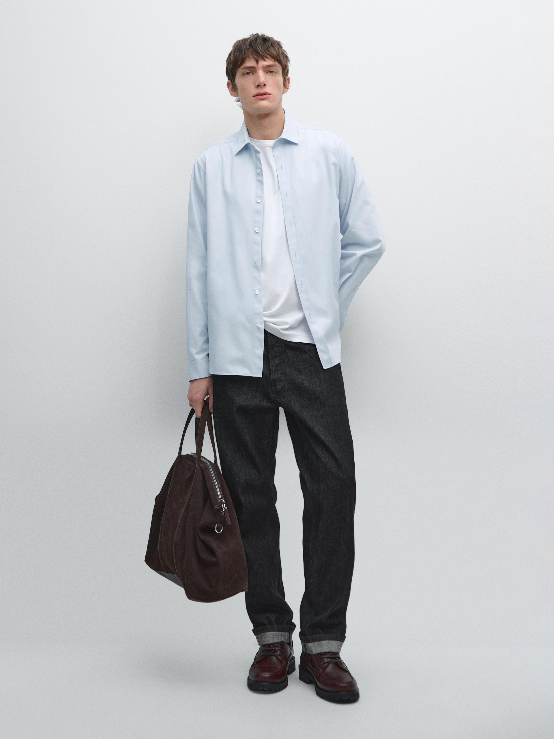 Camicia In Misto Cotone Regular Fit - Celeste - Xxl - Massimo Dutti - Maschile