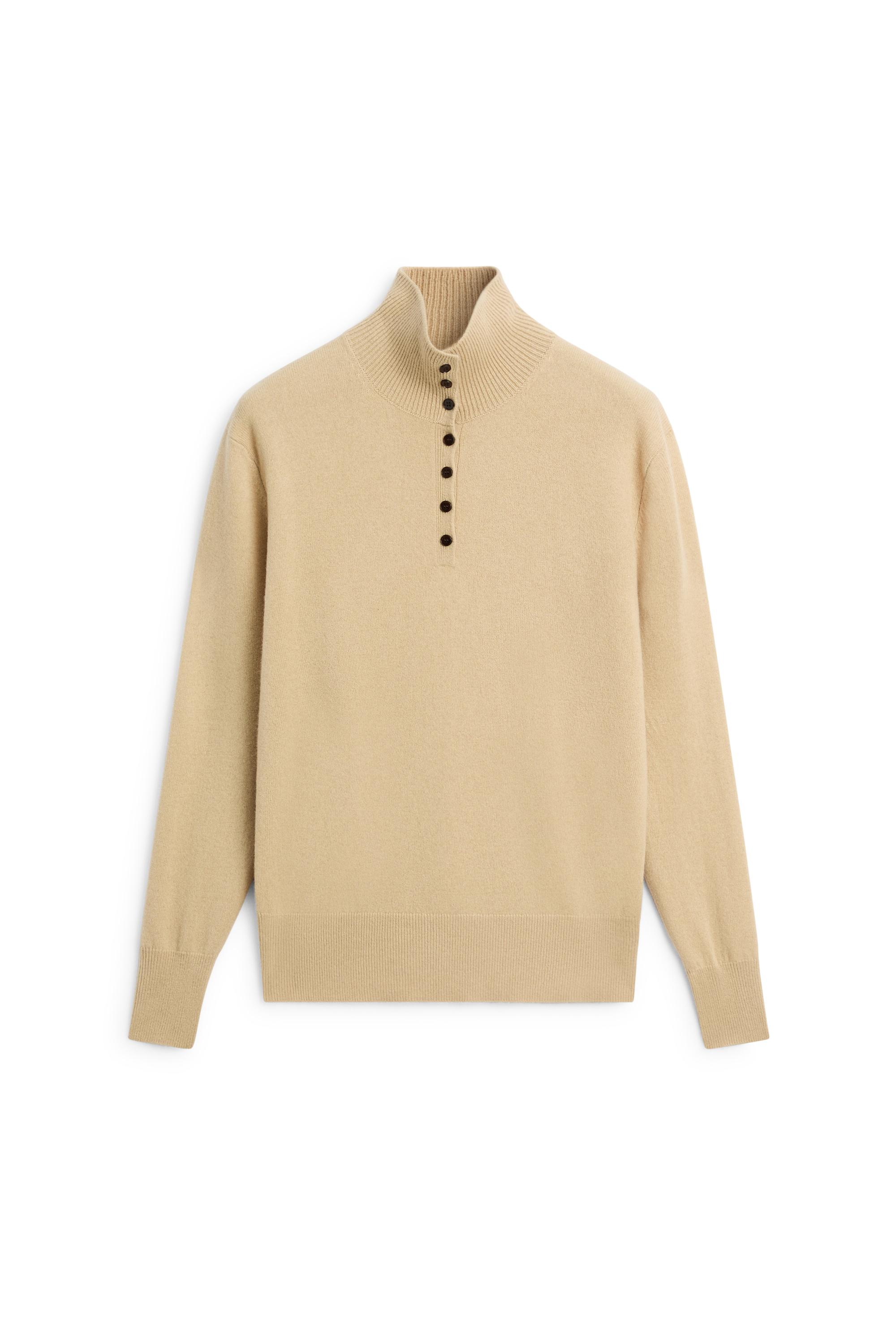 High neck knit sweater with button detail — CAMEL