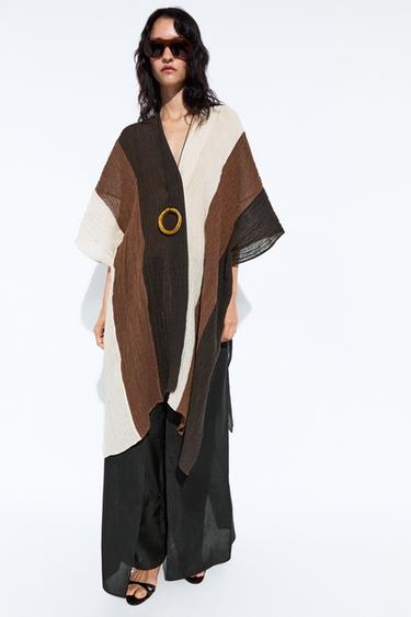 Textured tricolor linen blend kaftan — BROWN 1