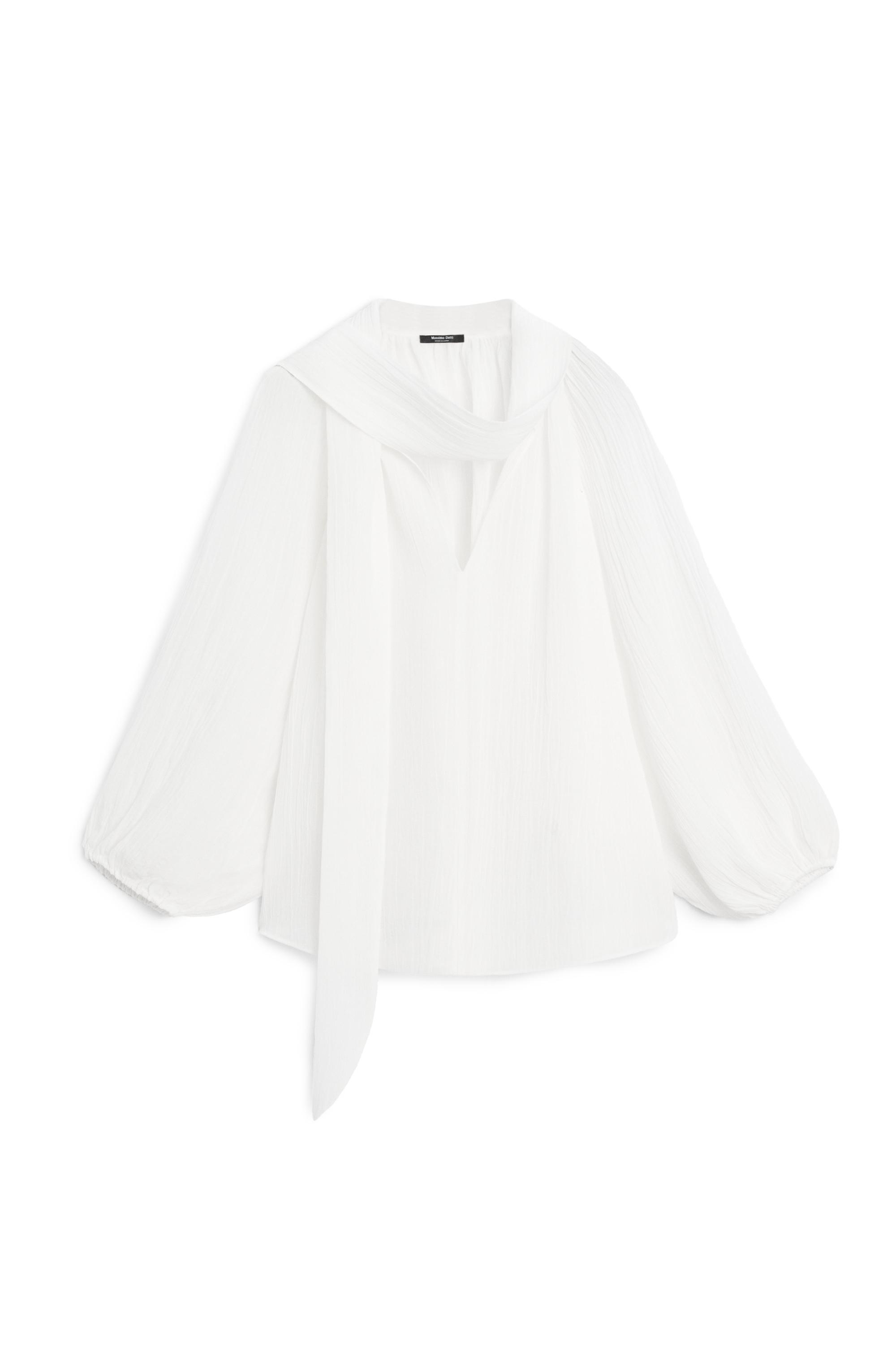 Flowing V-neck blouse with tie — WHITE