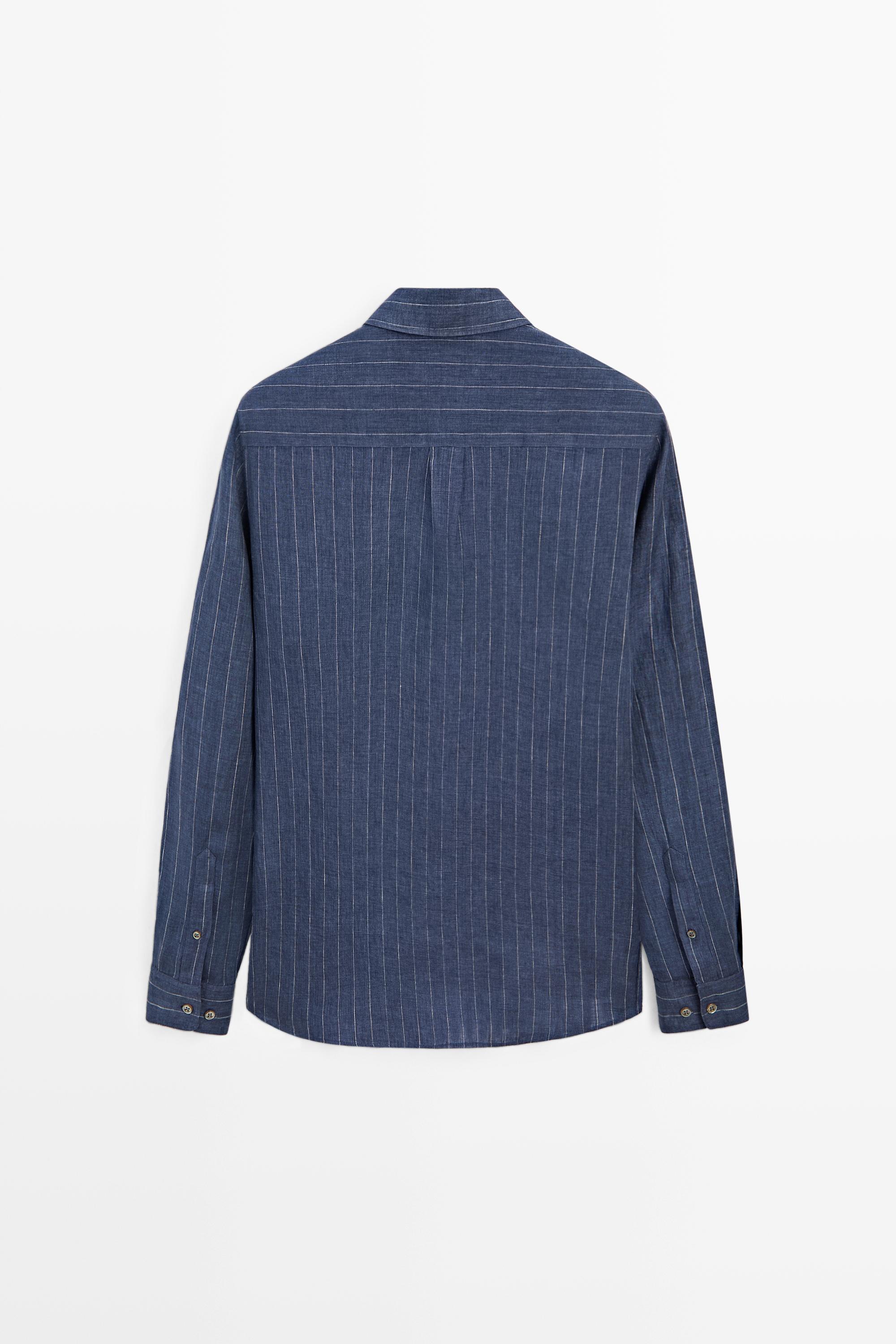 Regular fit striped delave 100% linen shirt — NAVY BLUE