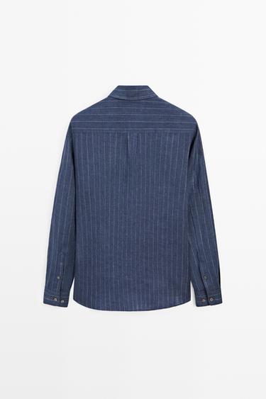Regular fit striped delave 100% linen shirt — NAVY BLUE 6
