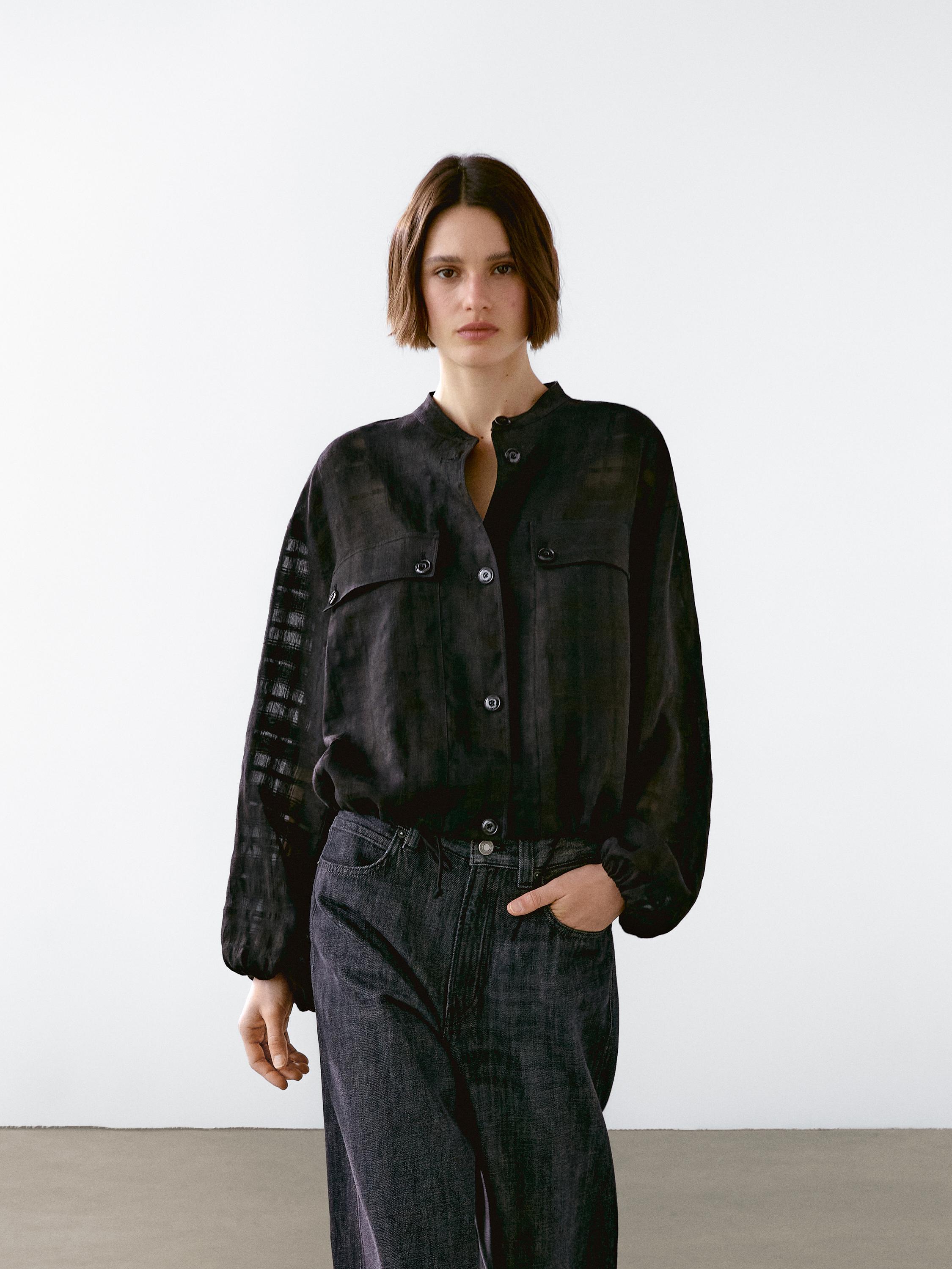 Linen blend check bomber jacket