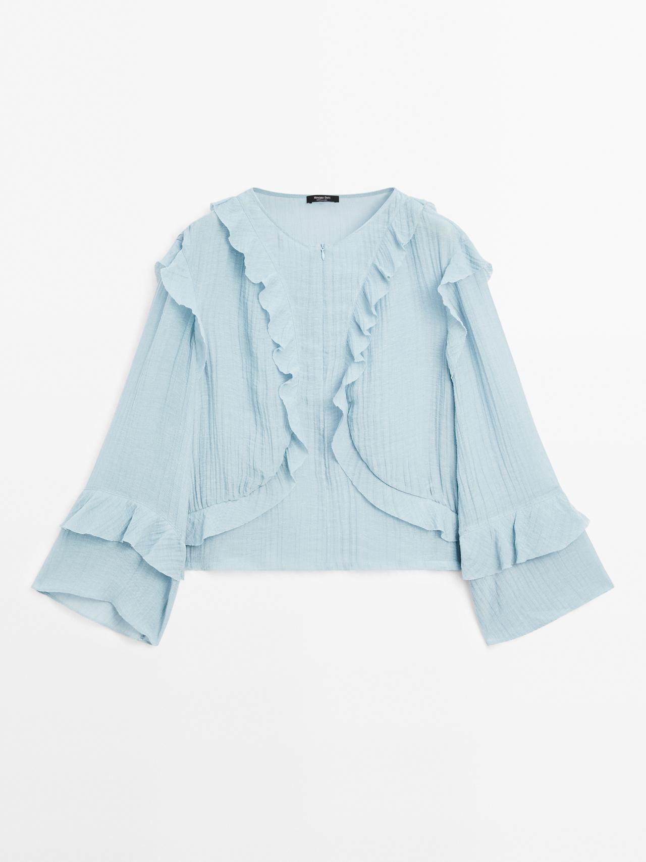 Massimo Dutti - Dame - Loose Fit Bluse Med Flæser - Lyseblå - M