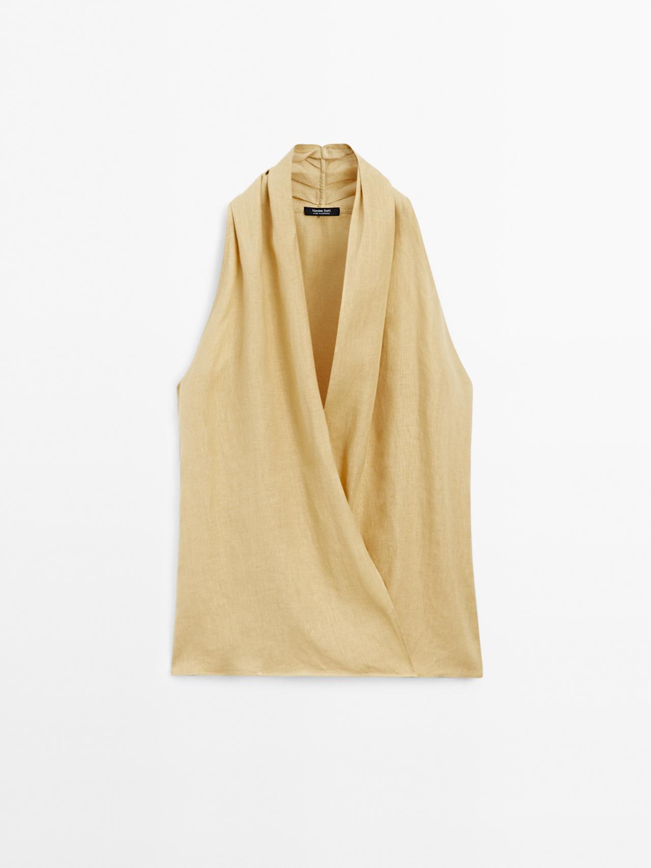 Massimo Dutti - Dame - Top I Hør Med Overlappende Halterneck - Sennepsgul - L