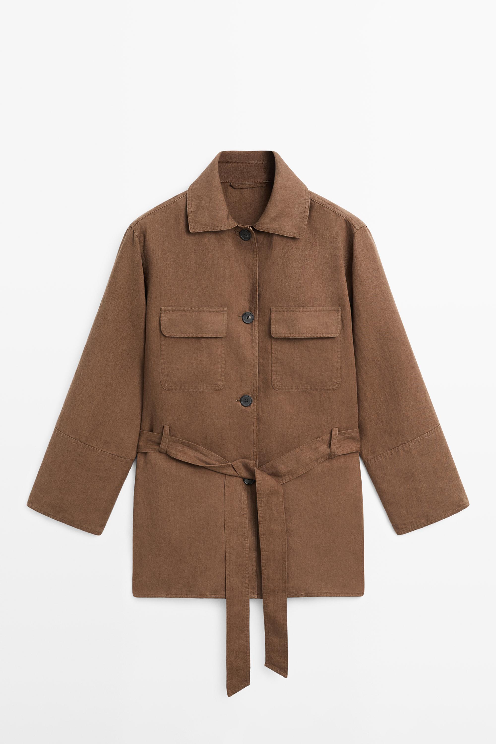 100% linen blazer with pockets and belt detail — BROWN