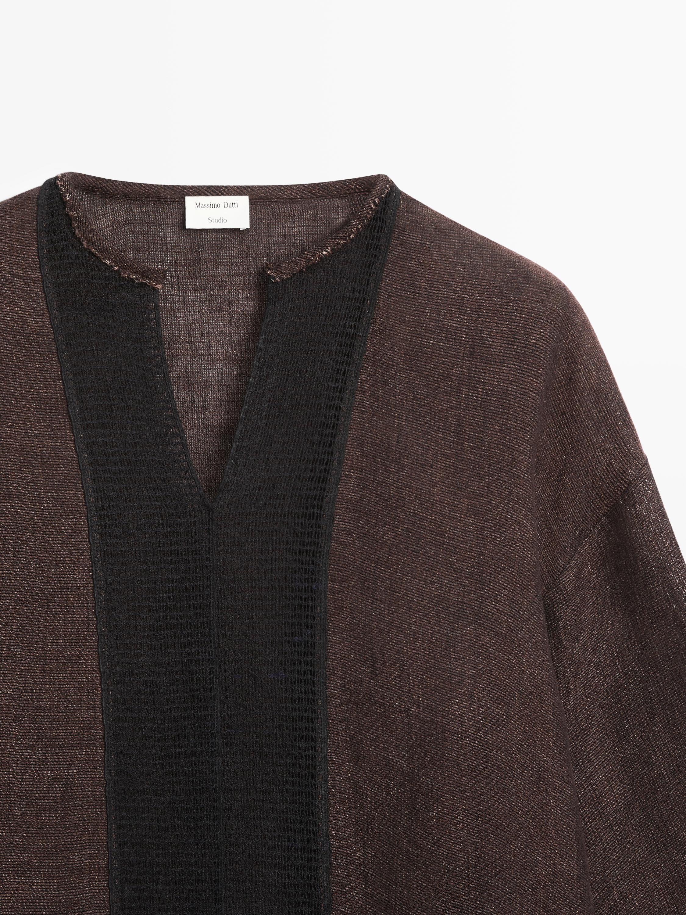 Dantel şeritli dökümlü keten karışımlı bluz