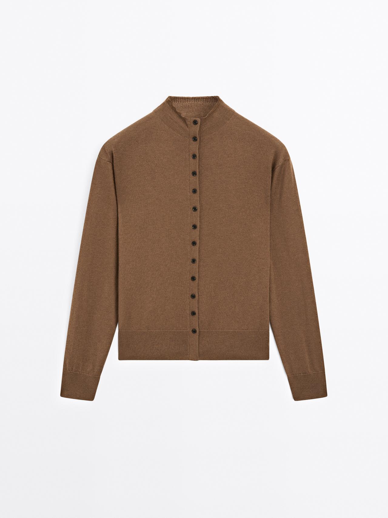 Massimo Dutti - Dame - Strikket Cardigan Med Høj Hals - Brun - S
