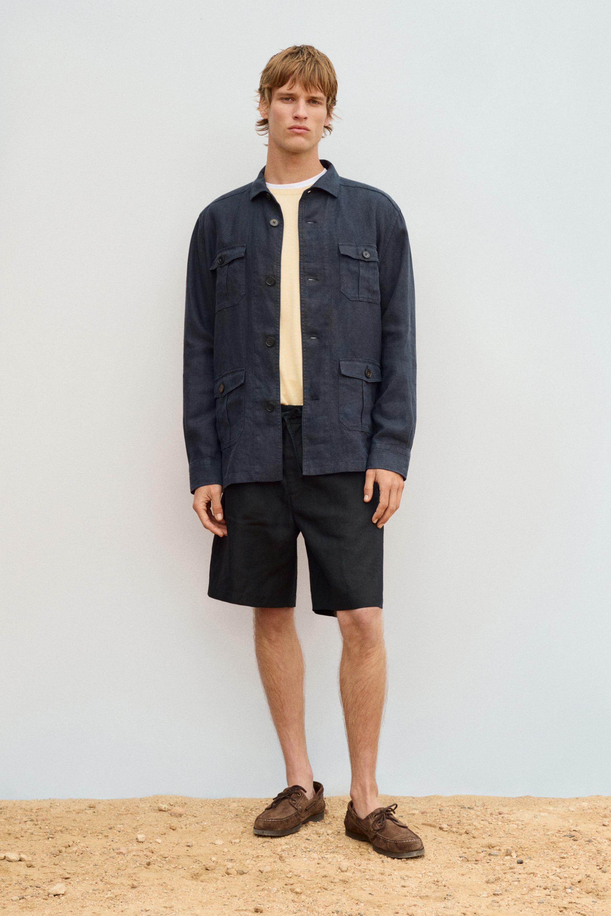 100% linen short Bermuda shorts — NAVY BLUE