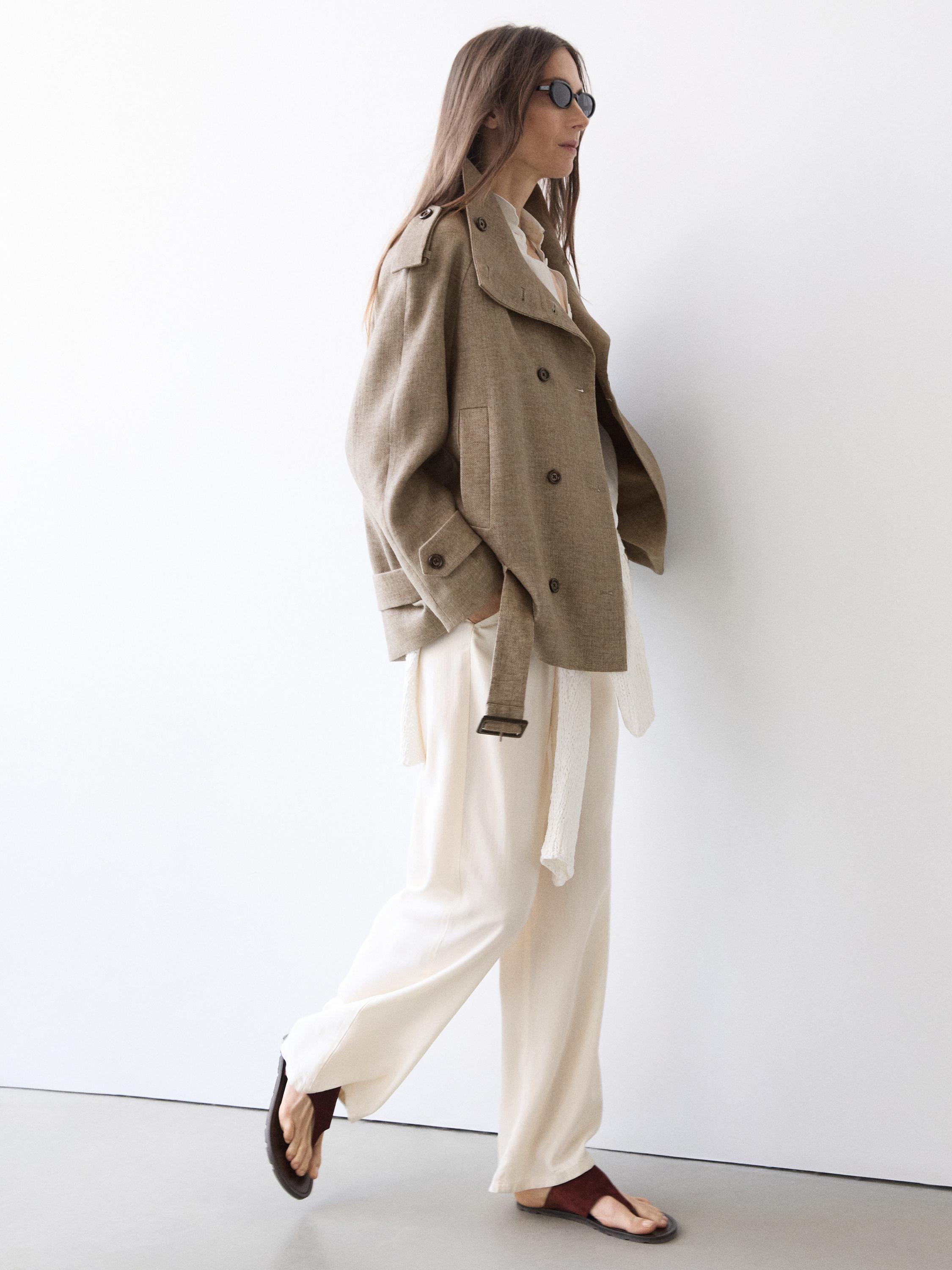 Linen melange high neck trench coat — TAUPE GREY