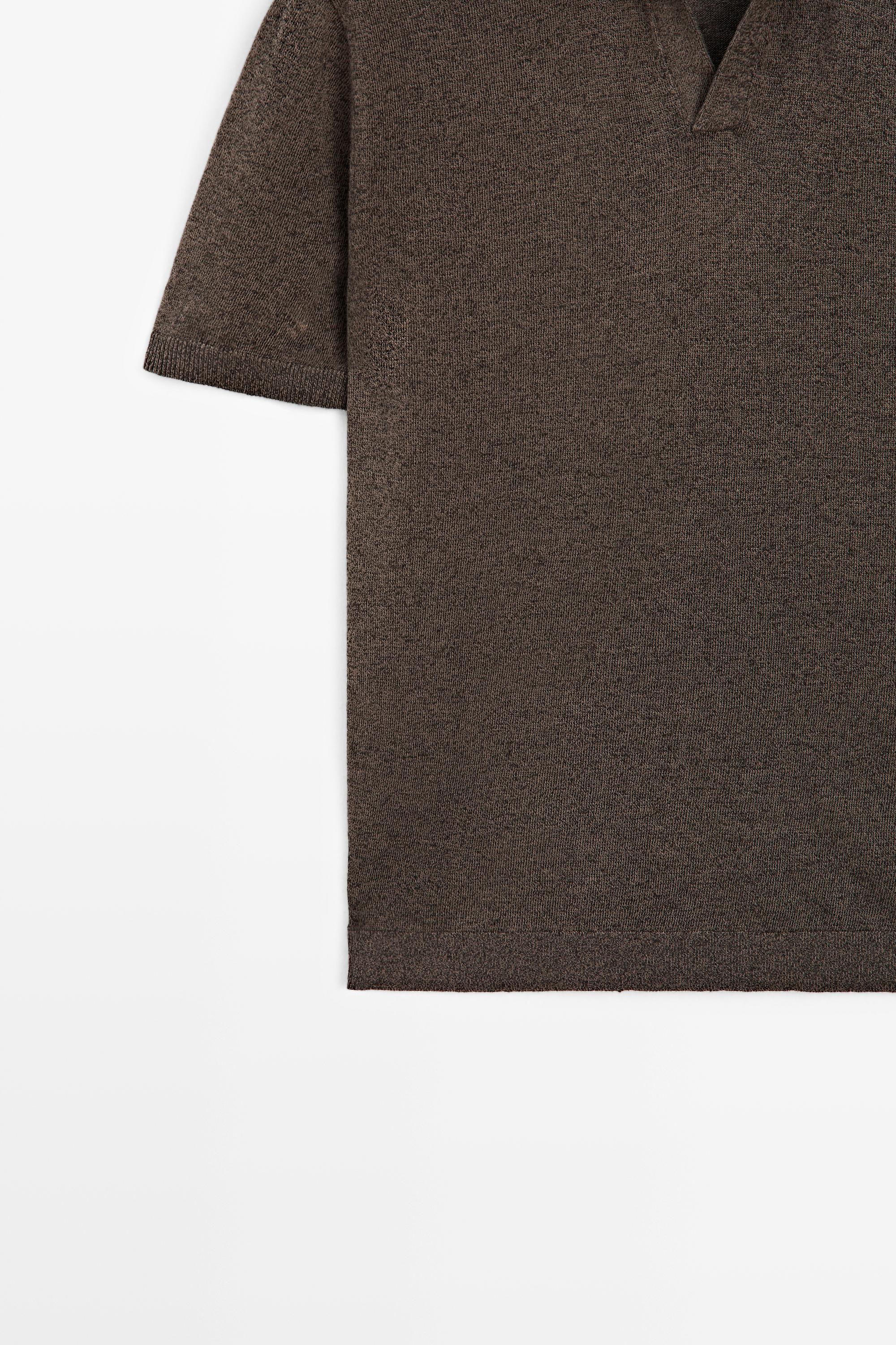 Linen blend V-neck polo shirt — BROWN
