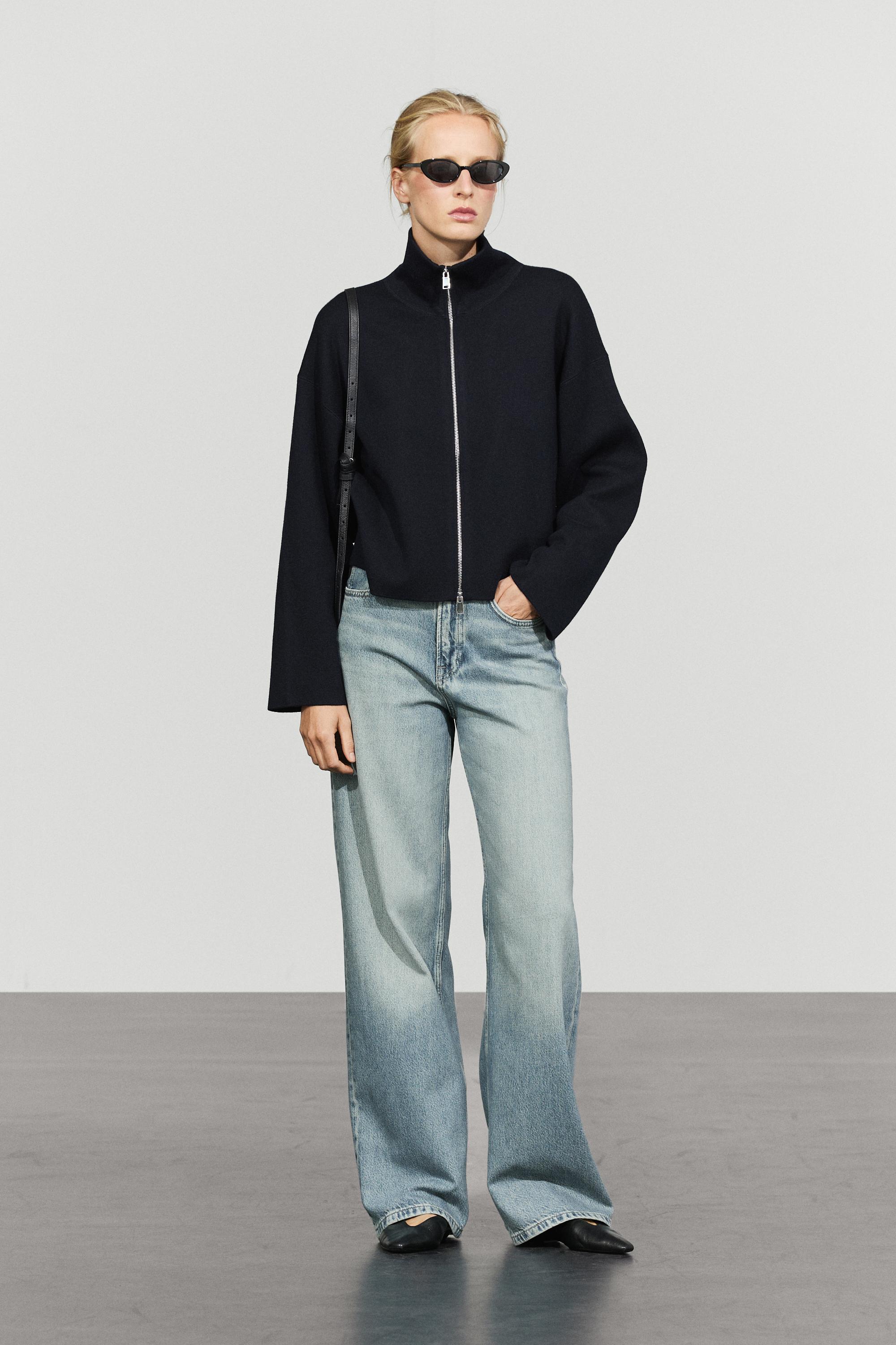 Cotton knit zip-up jacket — NAVY BLUE