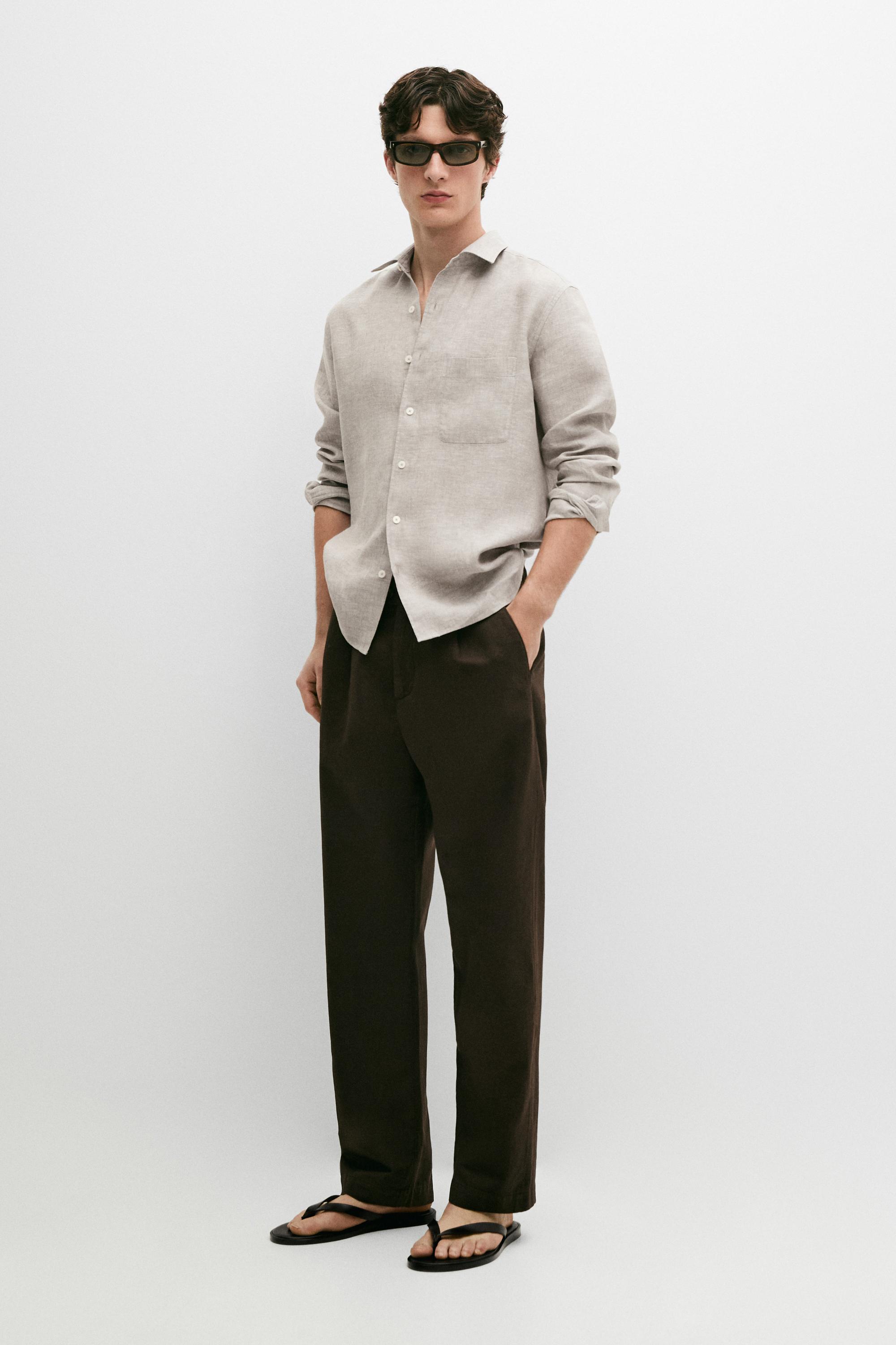 Straight-leg linen and cotton trousers with darts — BROWN