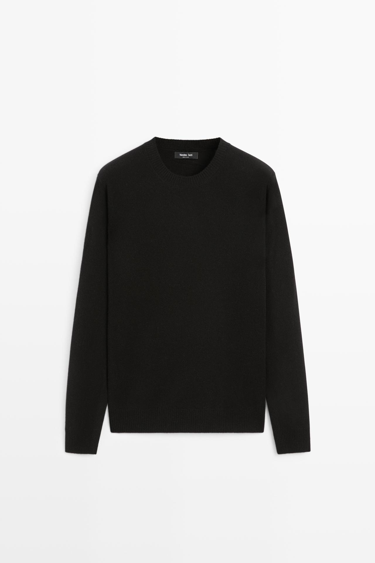 Wool blend round neck knit sweater — BLACK