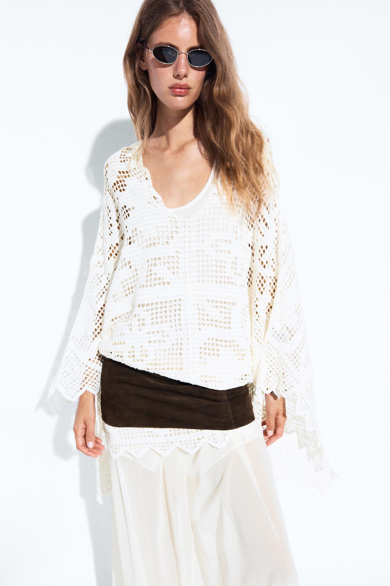 Crochet knit cape — WHITE