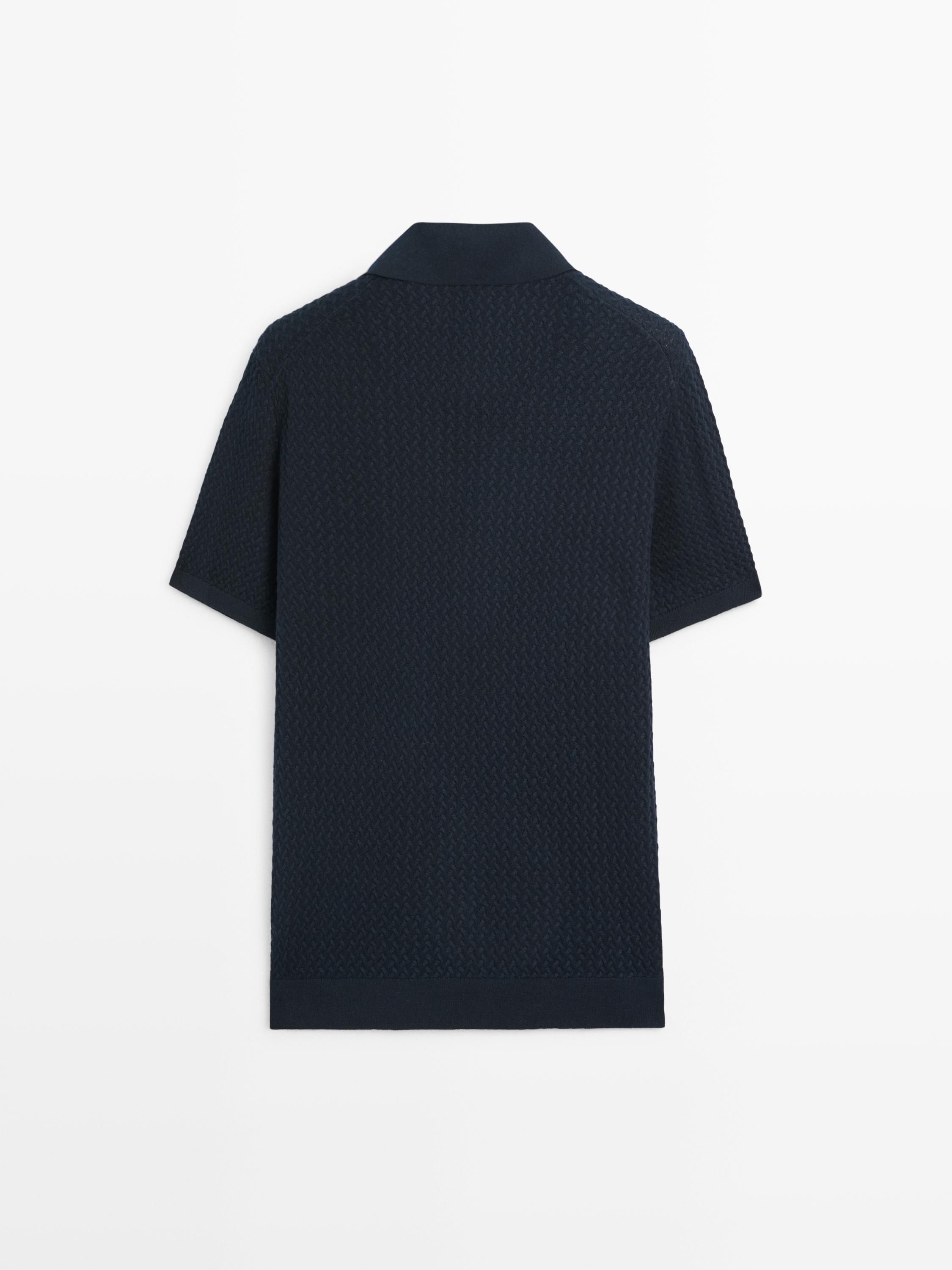 Cable-knit V-neck polo shirt — NAVY BLUE