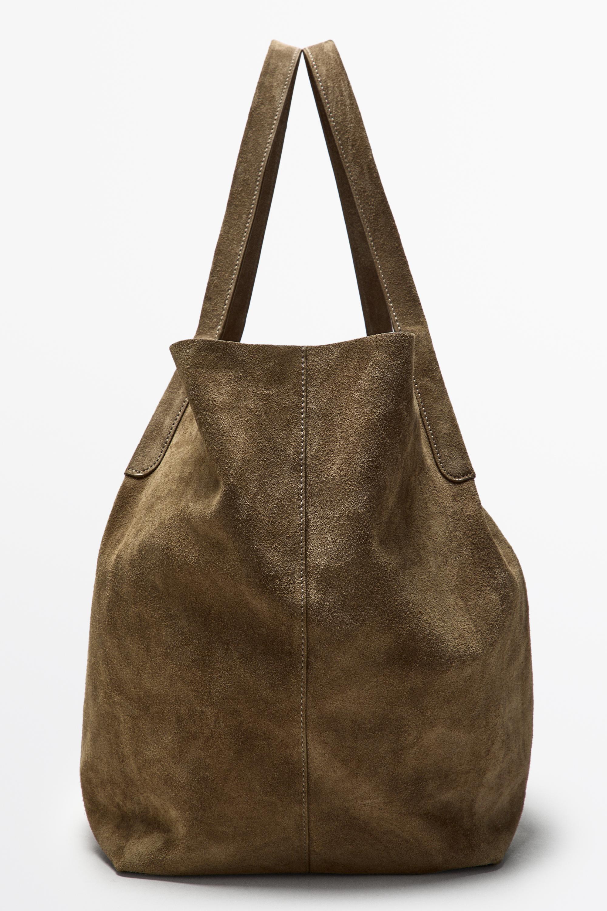 Split suede leather tote bag — SAND