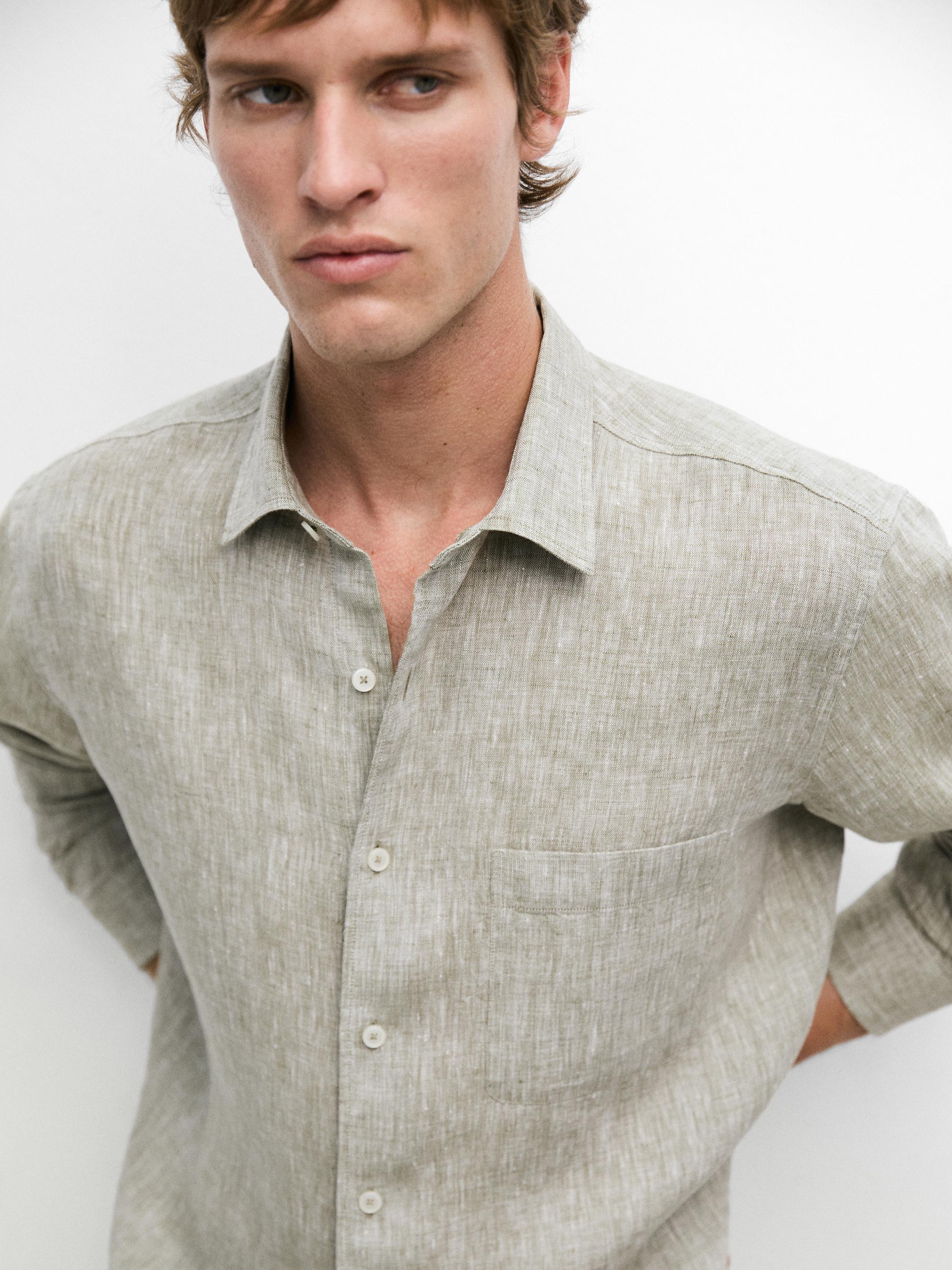 Regular fit linen shirt with pocket — Green billiard