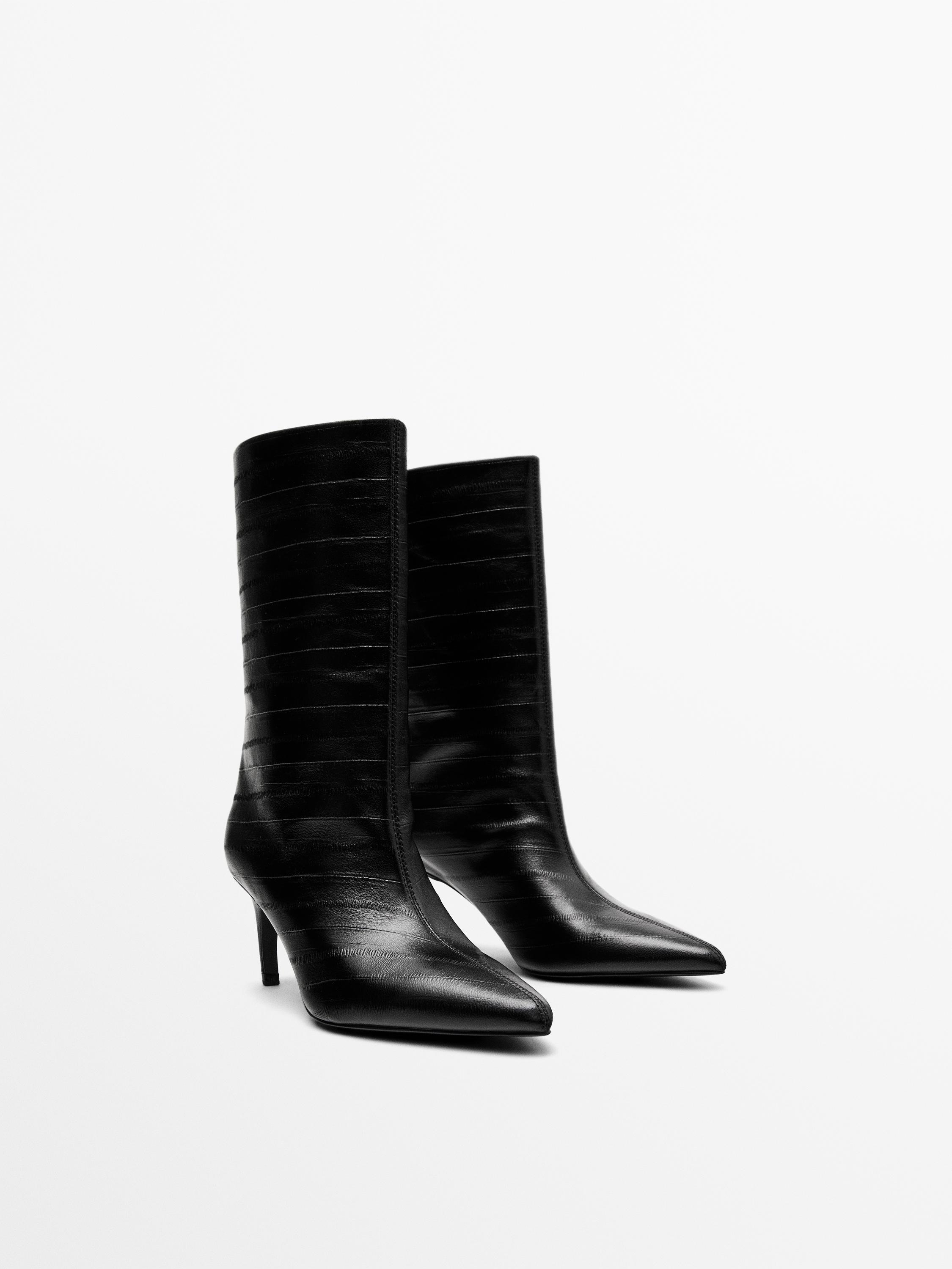 Embossed leather high-heel ankle boots