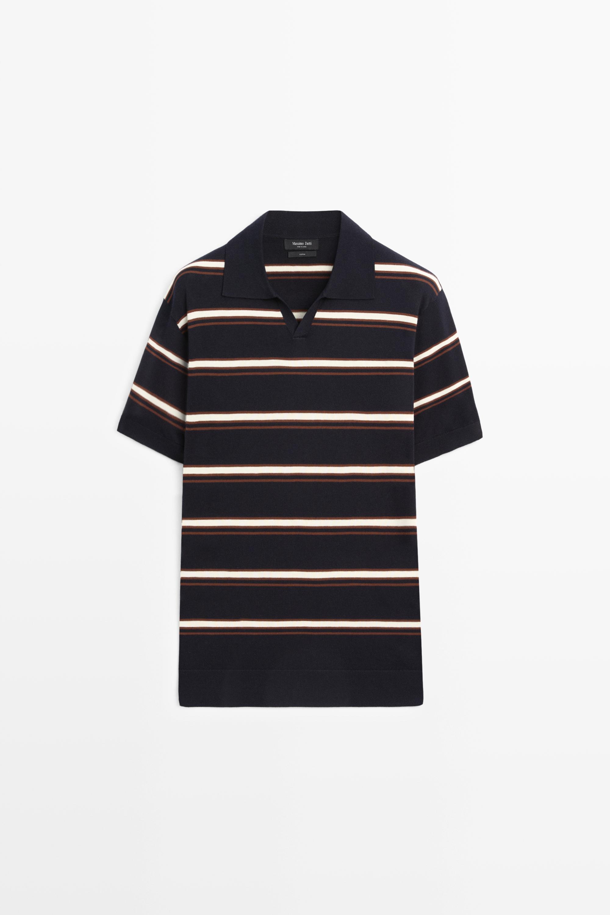 Striped V-neck knit polo shirt — NAVY BLUE