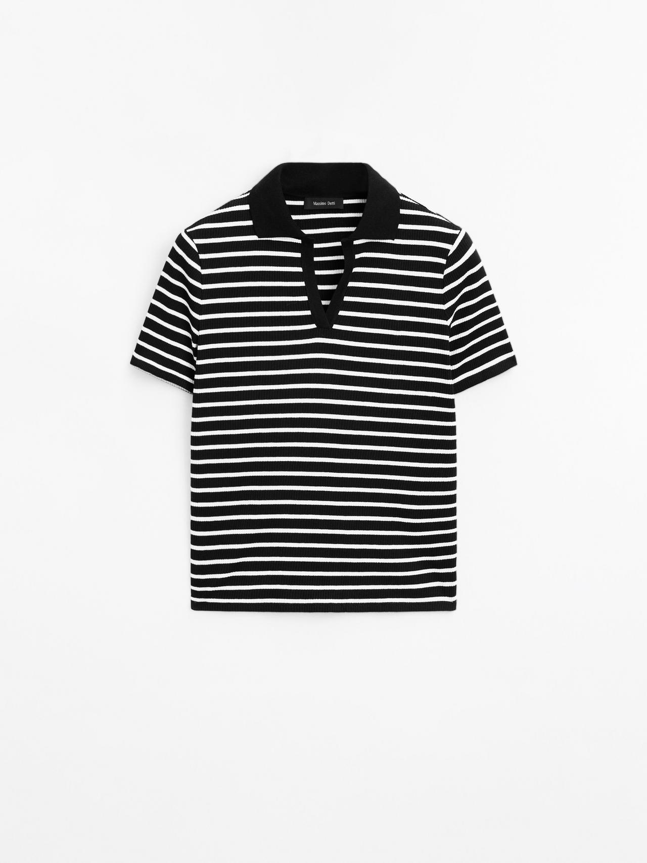 Massimo Dutti - Dame - Stribet Polo-T-Shirt I Bomuldsblanding - Sort - Xs