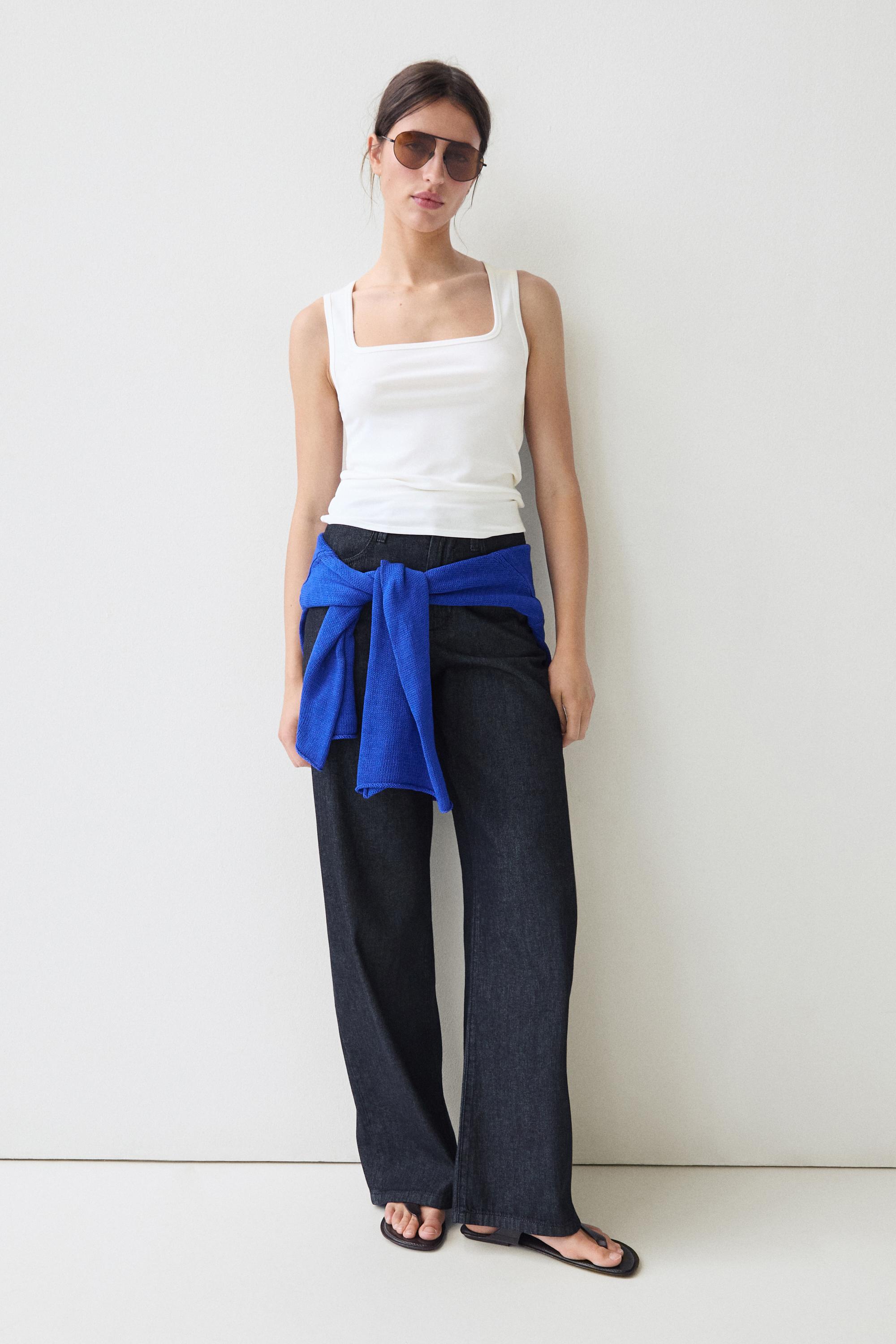 Cotton blend square neck top — Off white