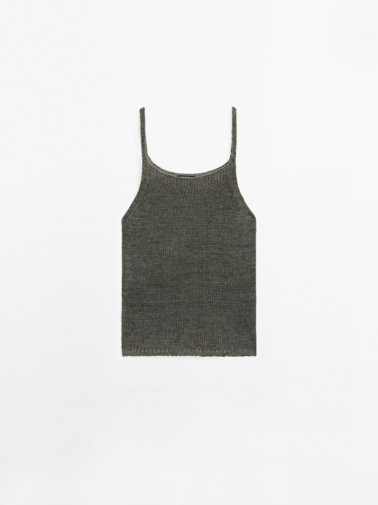 Massimo Dutti - Dame - Falmet Top I Strik Med Stropper - Flaskegrøn - L