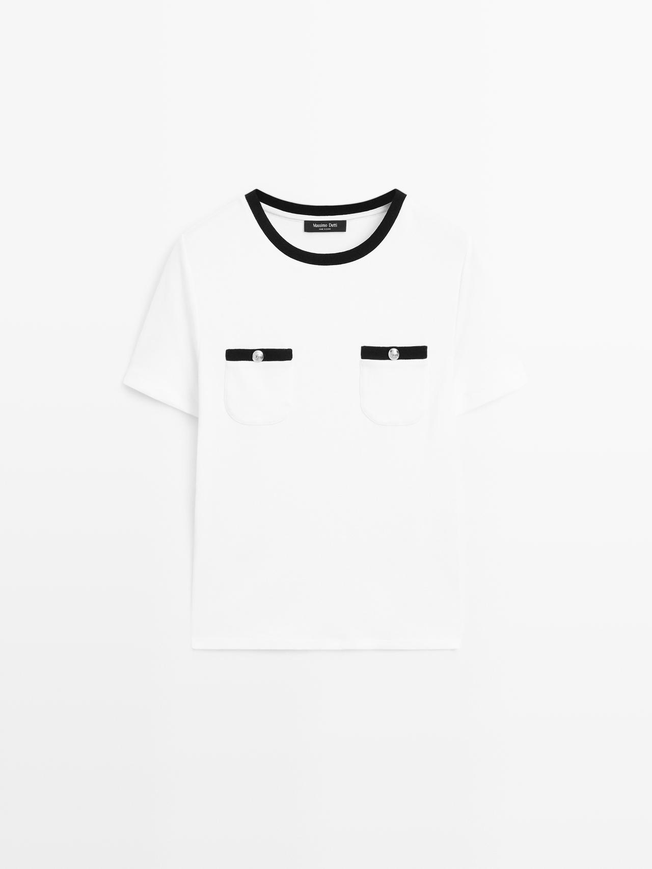 Massimo Dutti - Dames - T-Shirt Met Korte Mouw En Detail Zakjes - Wit - L