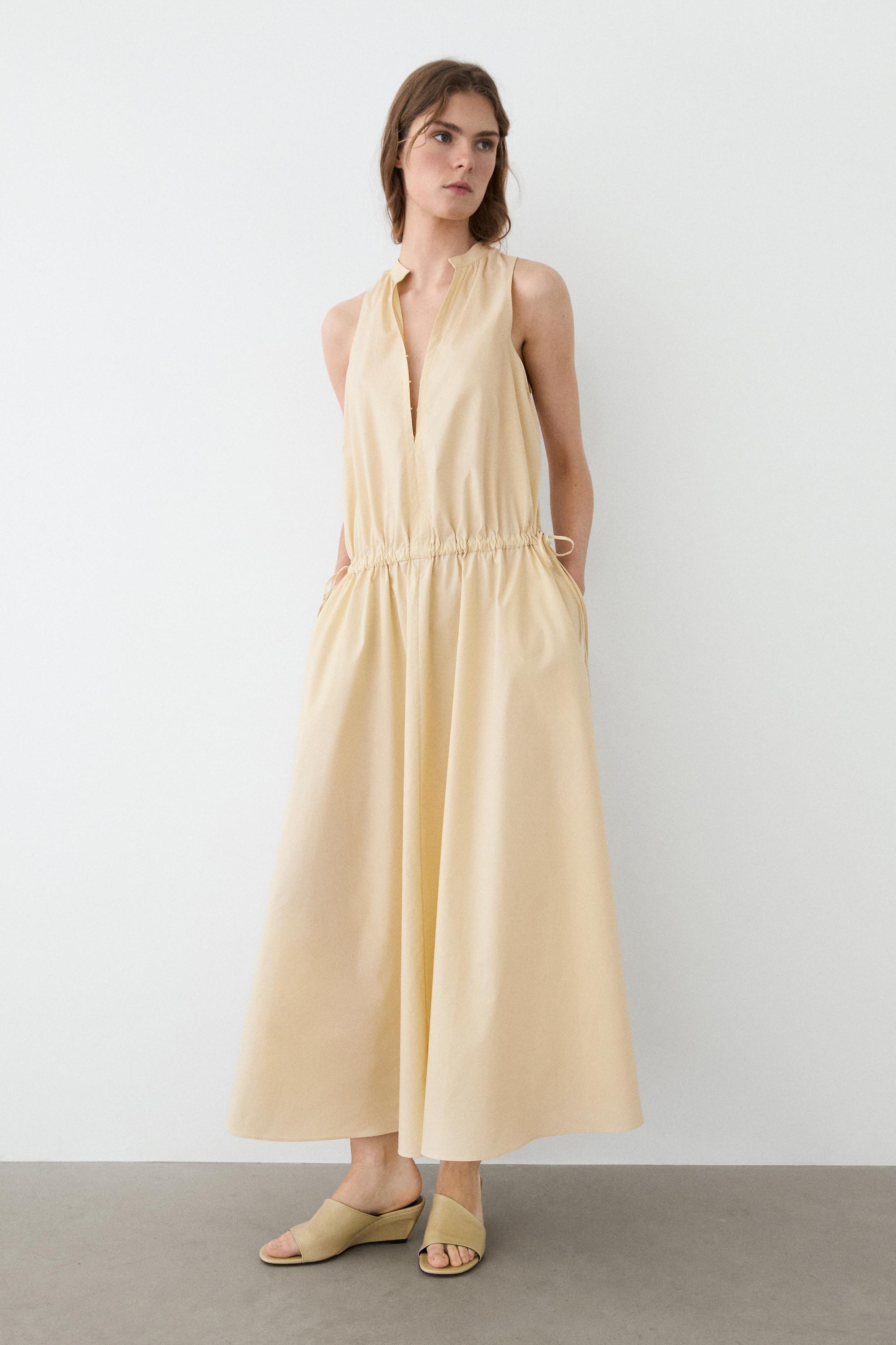 100% cotton midi dress with elasticated waist — PALE YELLOW